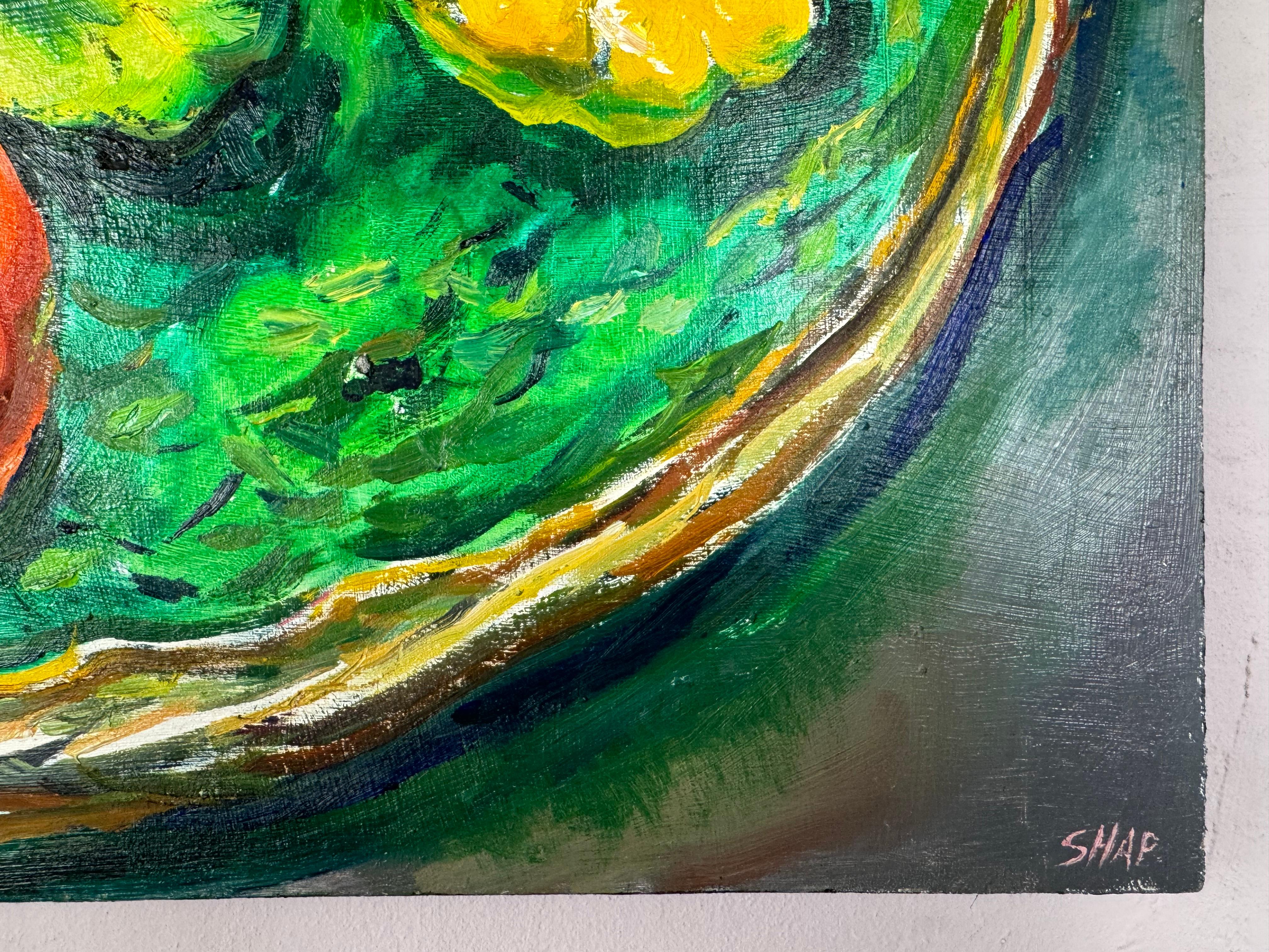Original oil painting by celebrated, twentieth-century California landscape painter, Ronald Shap. A vibrant still life of a bowl of squash and persimmons. Perfect for the kitchen or living room, this bold and contemporary impressionistic still life
