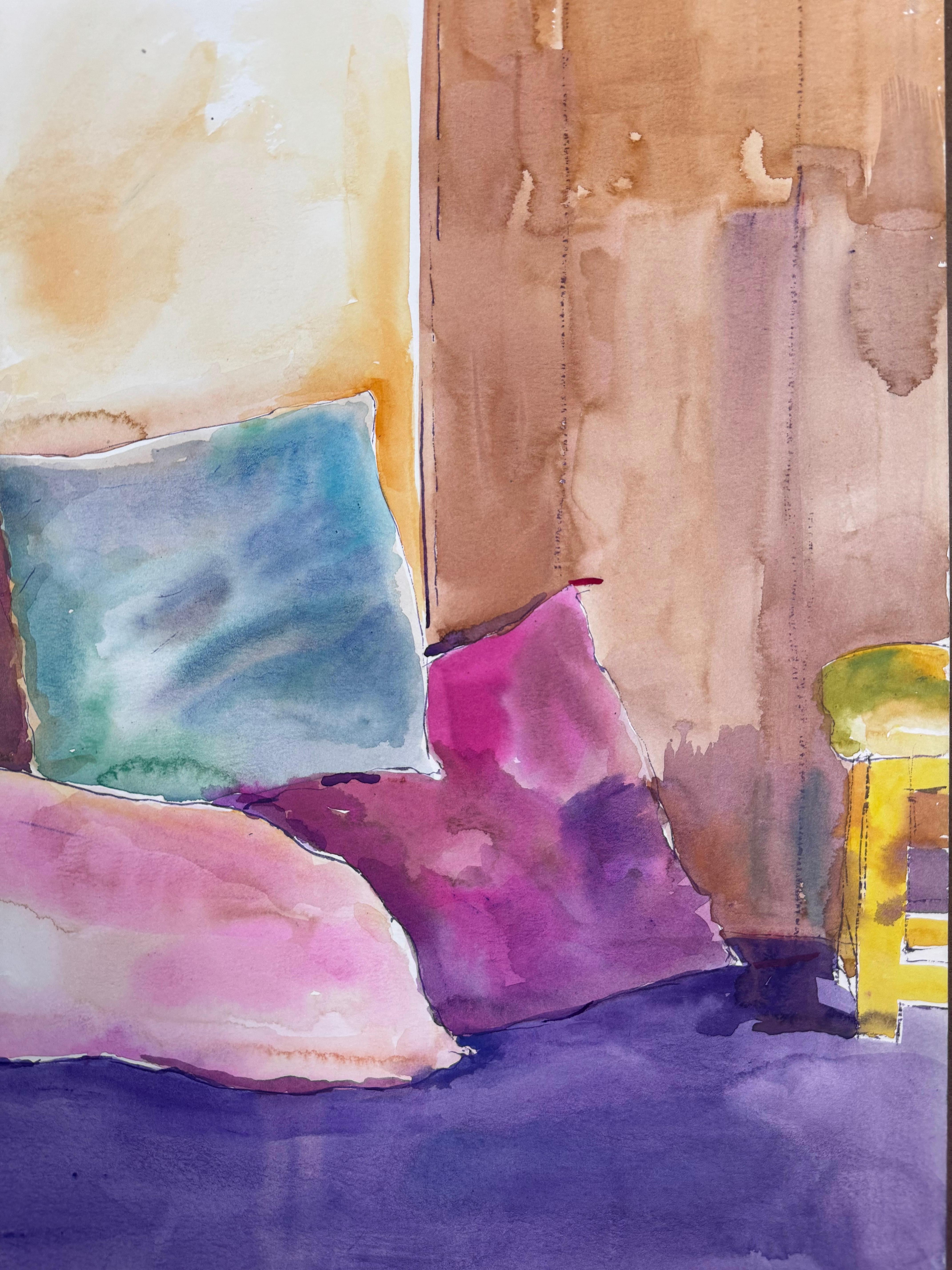 Peinture d'intérieur originale à la gouache du célèbre paysagiste californien du XXe siècle, Ronald Shap. Pièce vibrante représentant une chaise et des poufs sur fond orange et bleu. 24x18 pouces sur papier Strathmore 400 130 lb. Signé. 

Quelques