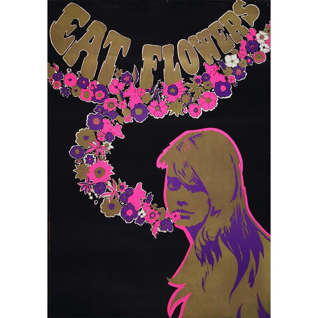 L'affiche psychédélique originale de Ronald Slabbers datant de 1970, intitulée "Eat Flowers", incarne l'esprit vibrant et éclectique du mouvement artistique psychédélique des années 1960 et 1970. Artistics, un artiste talentueux connu pour son style
