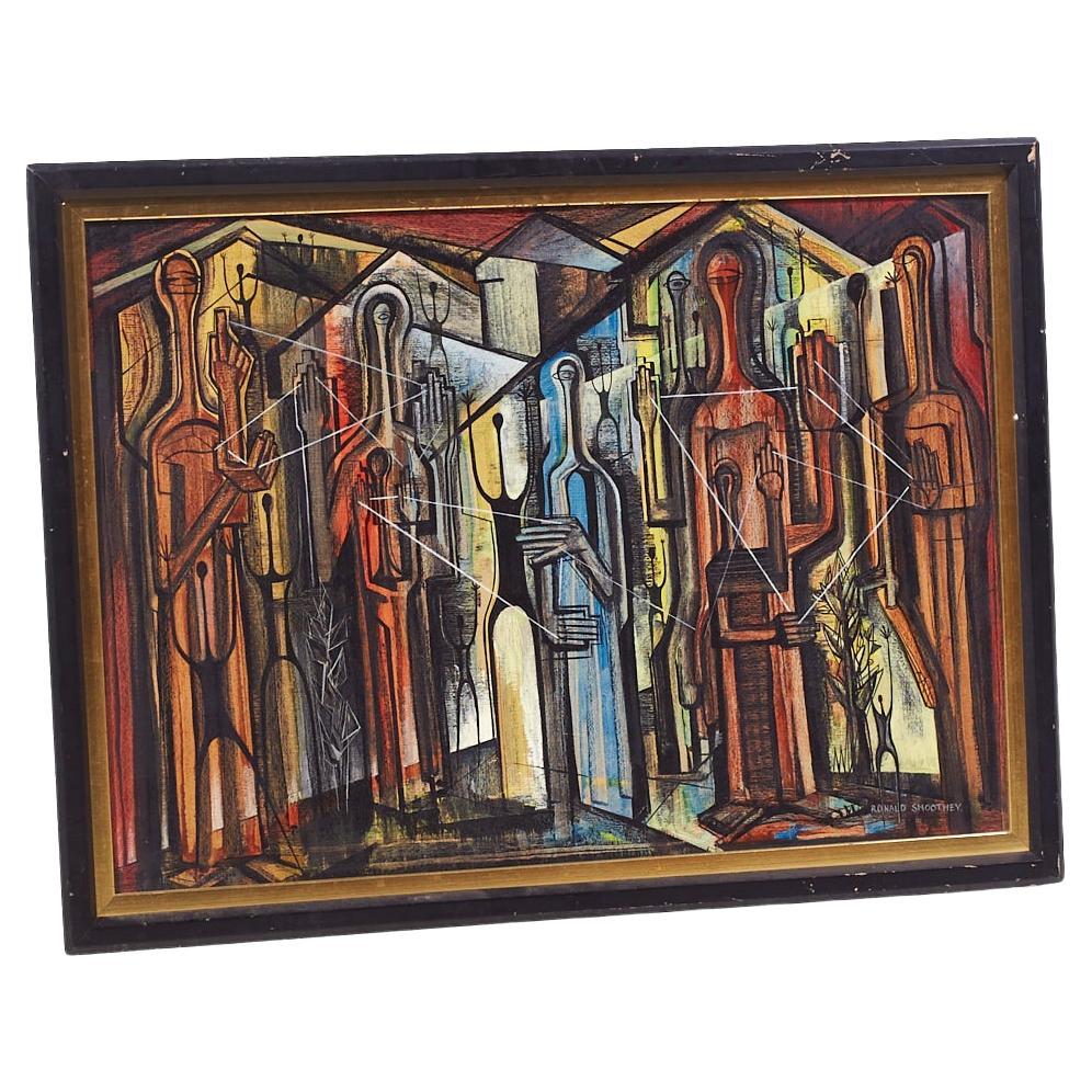 English Ronald Smoothey Mid Century Monoliths Oil on Board Painting For Sale
