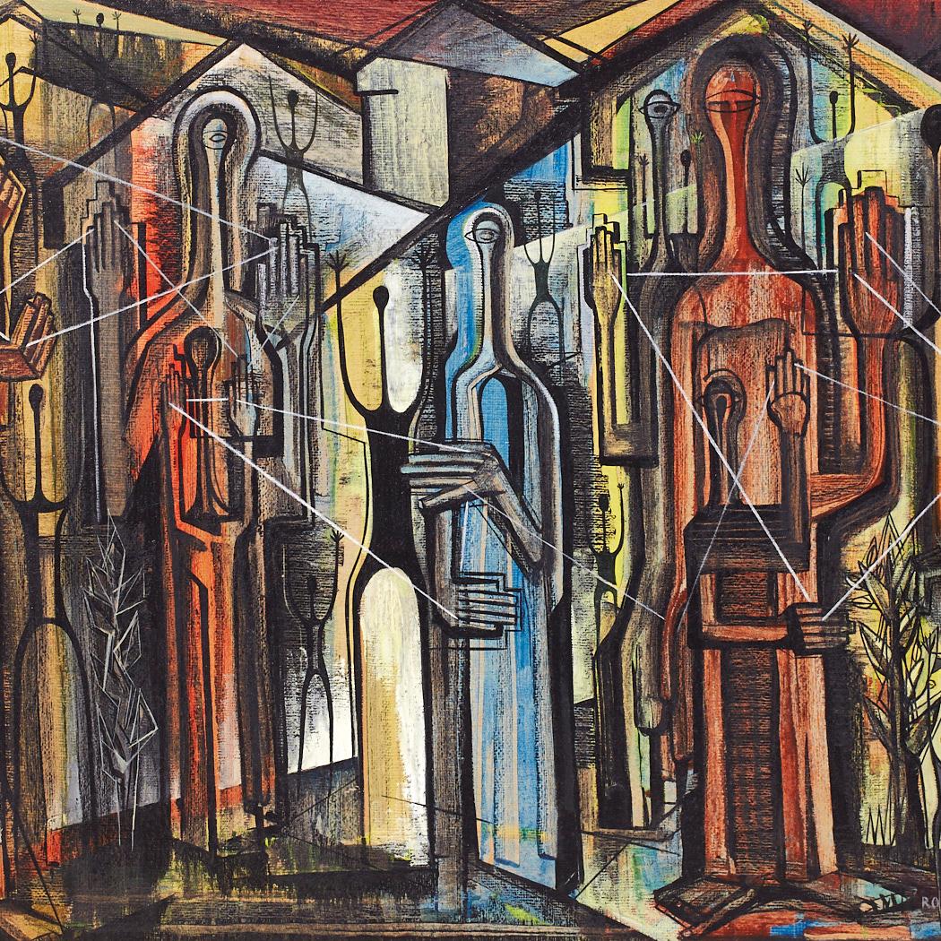 Ronald Smoothey Mid Century Monoliths Oil on Board Painting In Good Condition For Sale In Countryside, IL