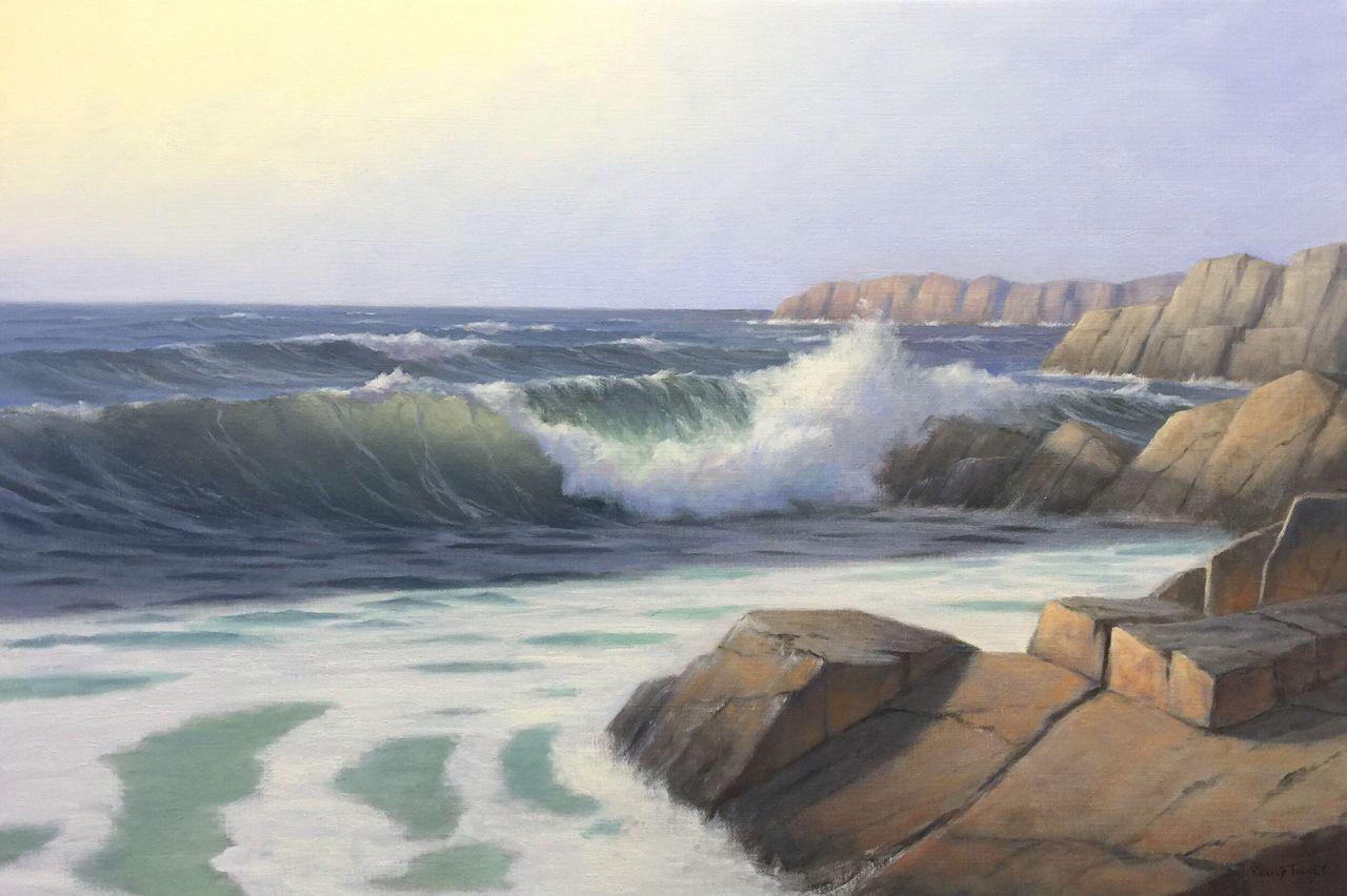'Crashing Surf, Cape Cod Modern Impressionist Marine Oil Painting - Gray Landscape Painting by Ronald Tinney