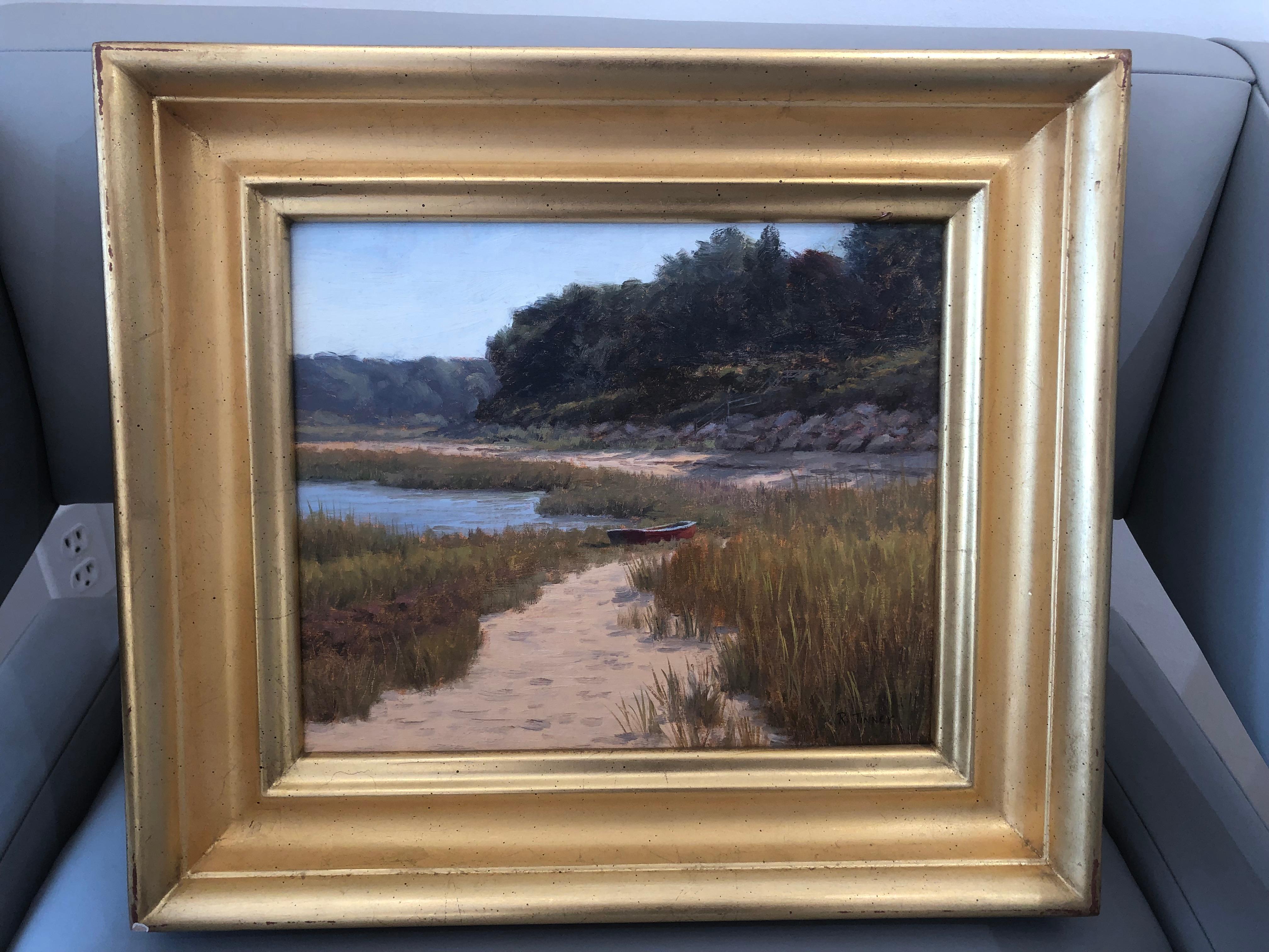 'Fall Beach Scene', Cape Cod Modern Impressionist Marine Oil Painting - Brown Landscape Painting by Ronald Tinney