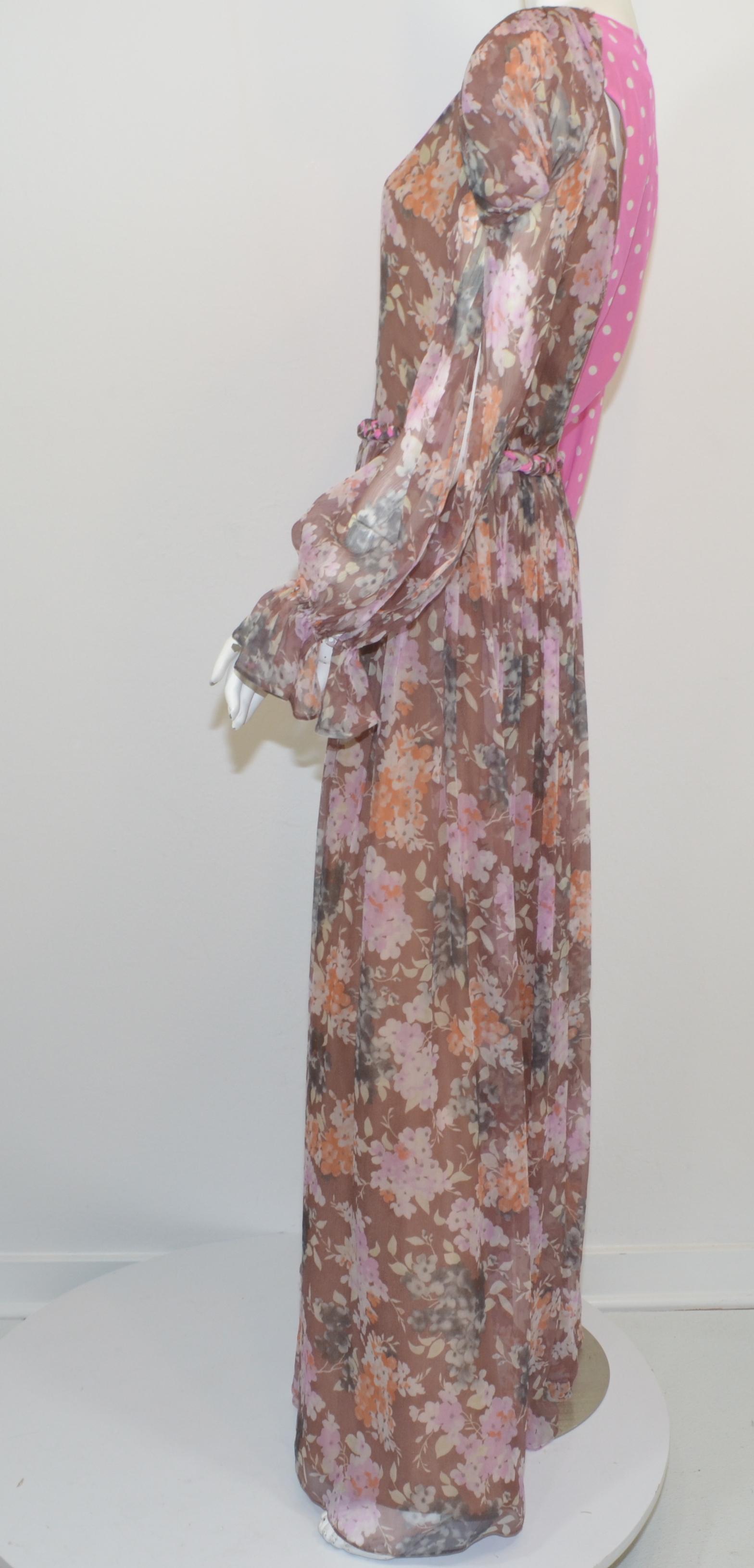 Brown Ronald Vanderkemp Silk Mixed Floral Print Maxi Dress