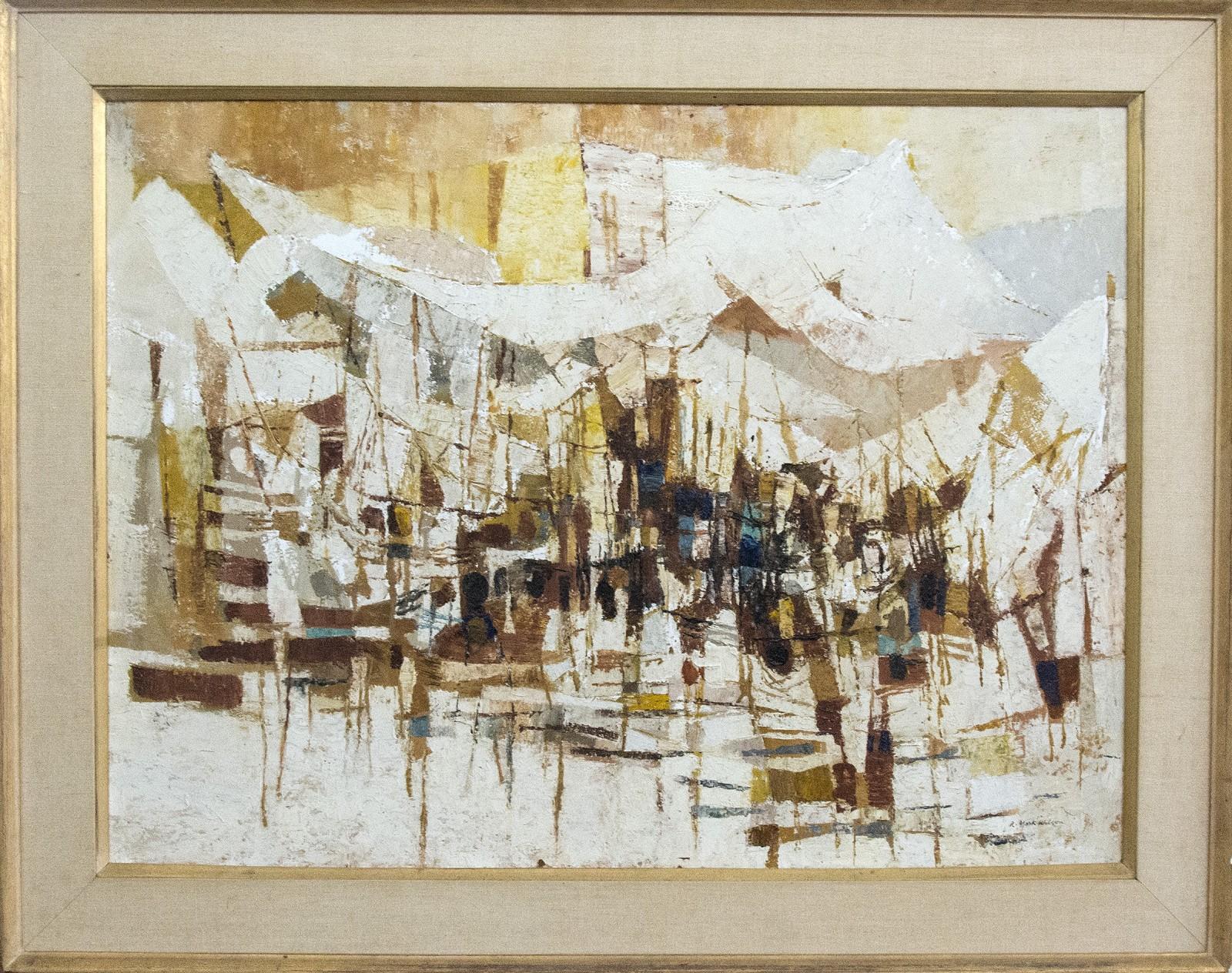 Fiesta - Dynamic cubist style painting with blues, browns and golden yellows - Painting by Ronald York Wilson