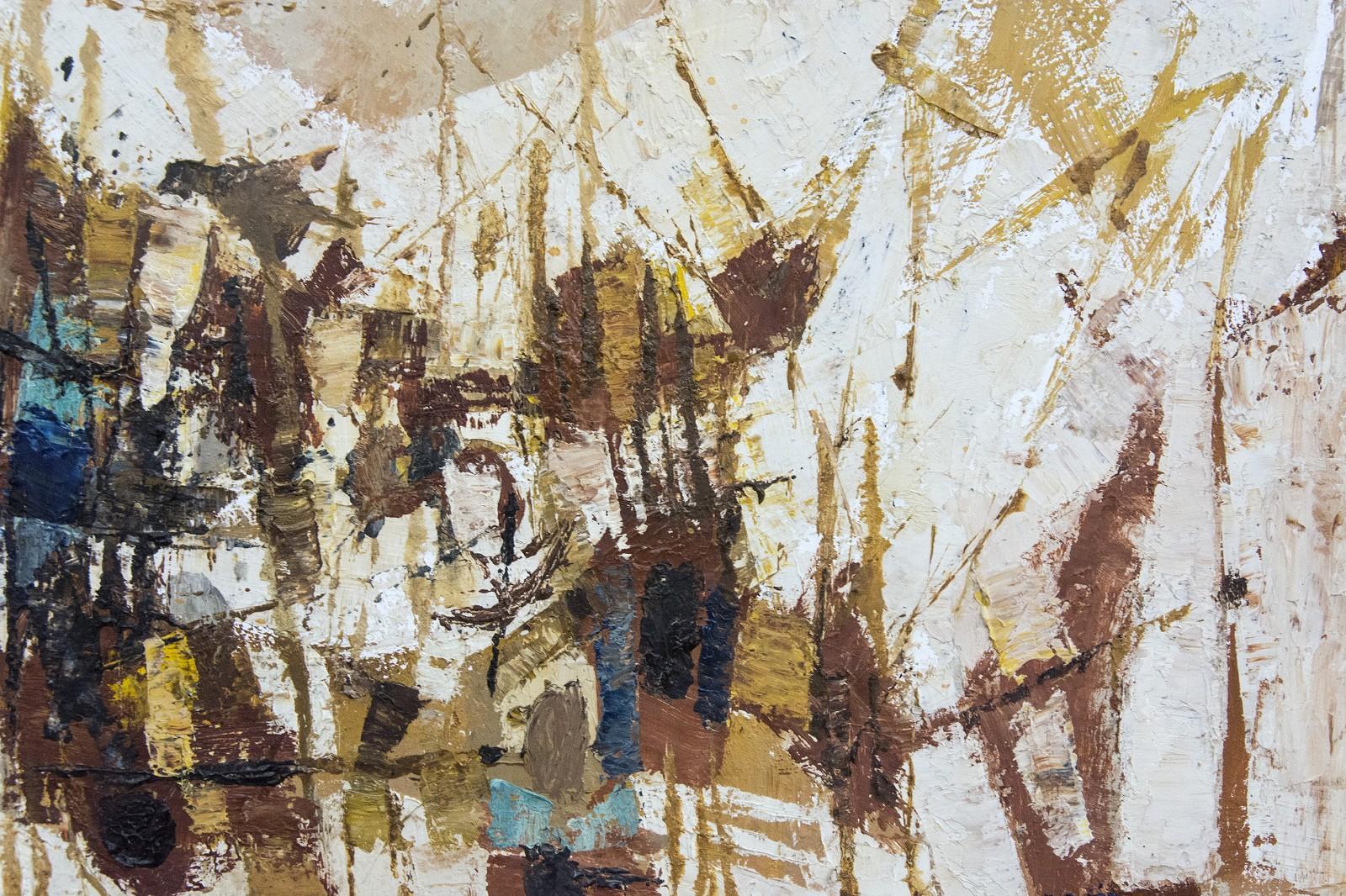Fiesta - Dynamic cubist style painting with blues, browns and golden yellows - Abstract Painting by Ronald York Wilson