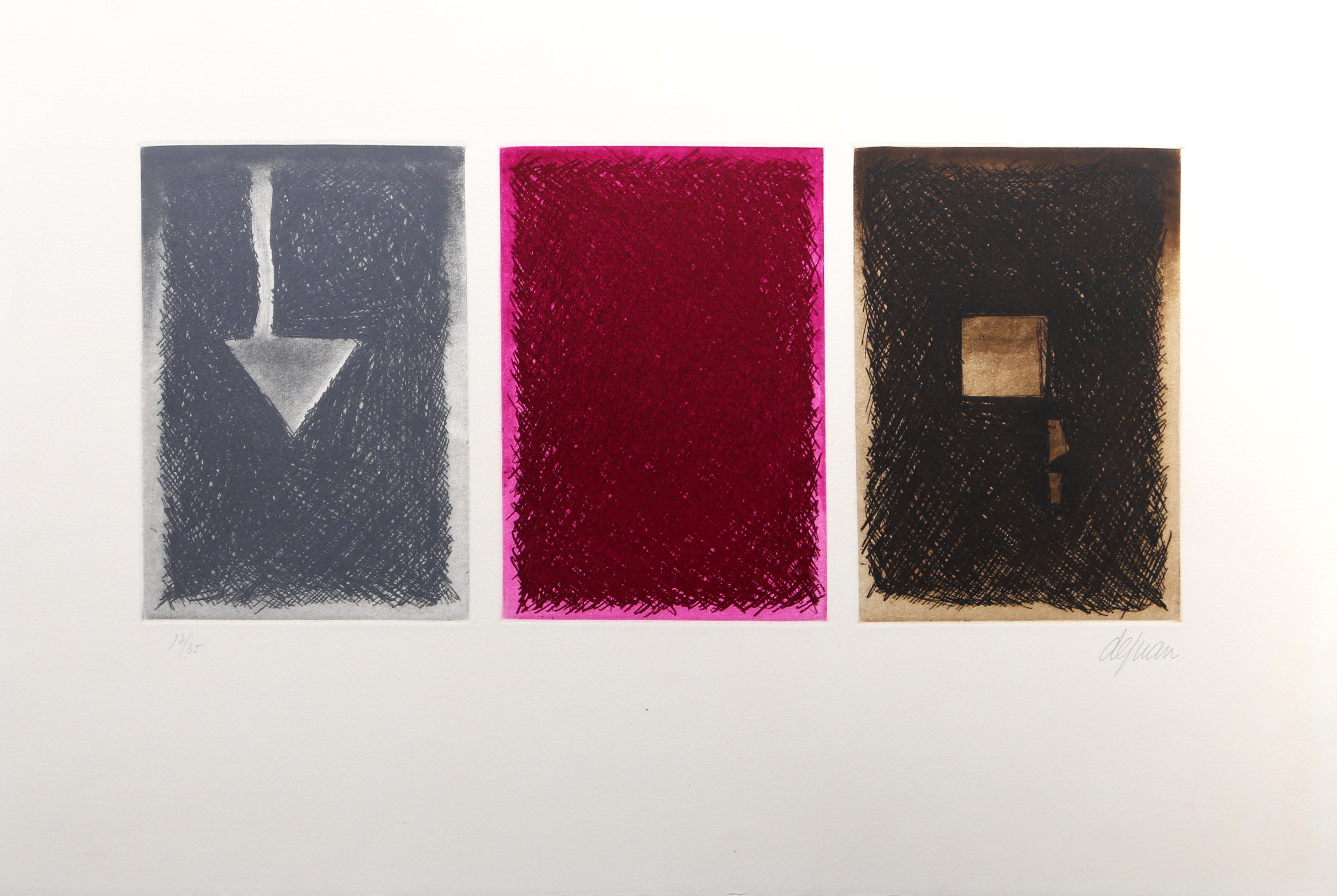 Tríptico abstracto

Ronaldo De Juan
Argentino (1931-1989)

Fecha: hacia 1971
Aguafuerte con aguatinta sobre Rives BFK, firmado y numerado a lápiz
Edición de 17/35
Tamaño de la imagen: 8 x 17 pulgadas
Tamaño: 38,1 x 55,88 cm (15 x 22 pulg.)
