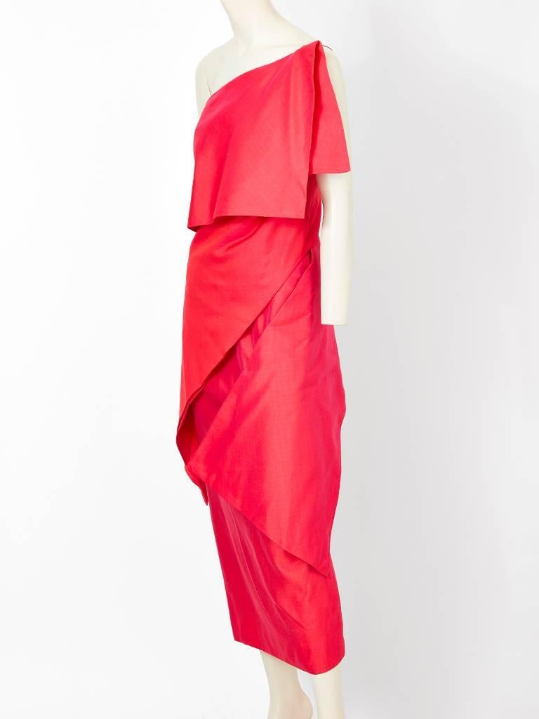 Ronaldus Shamask, red, silk blend, one shoulder midi dress having asymmetric horizontal panels creating an, origami