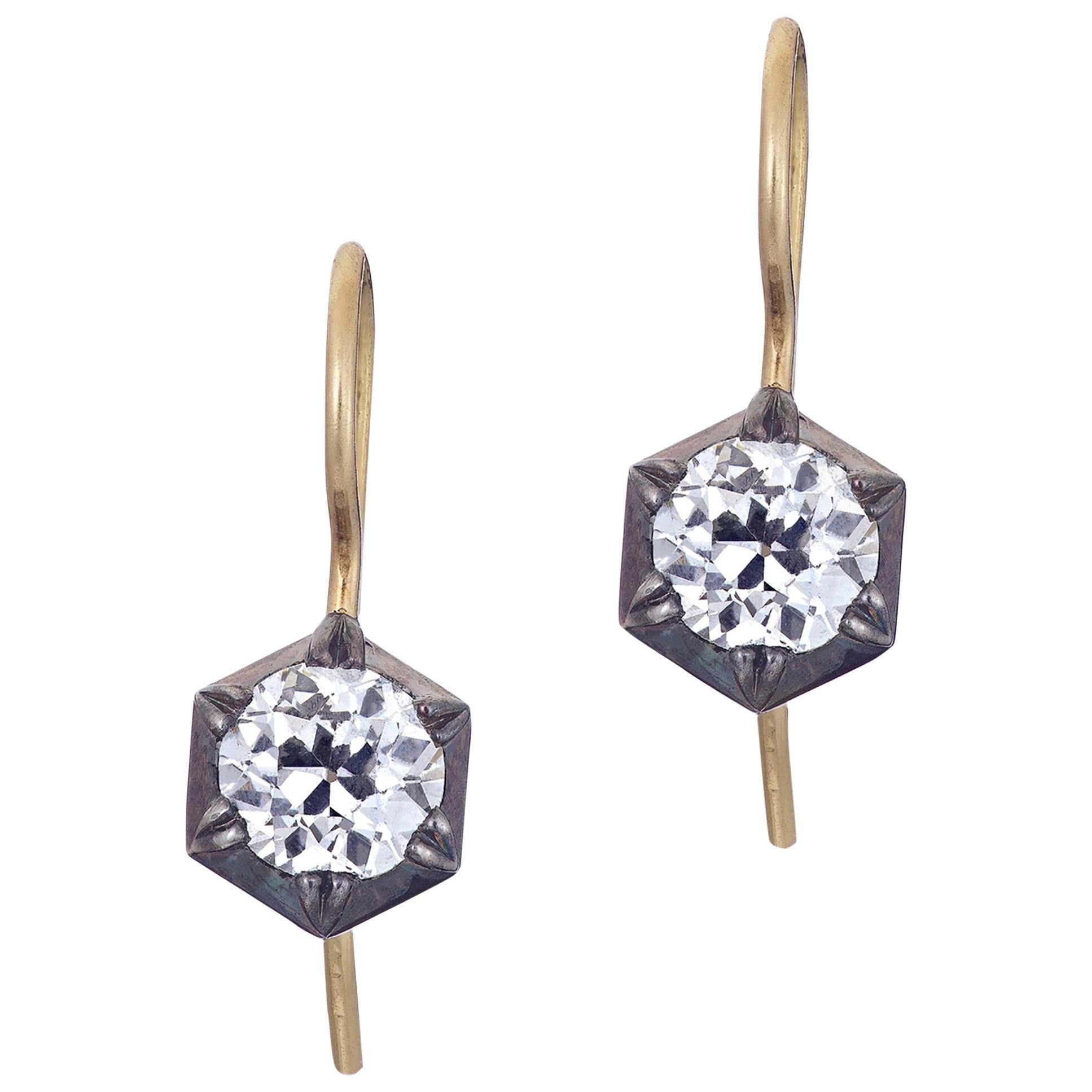 1.28 Carat Hex Cut Down Old Mine Diamond Earrings For Sale