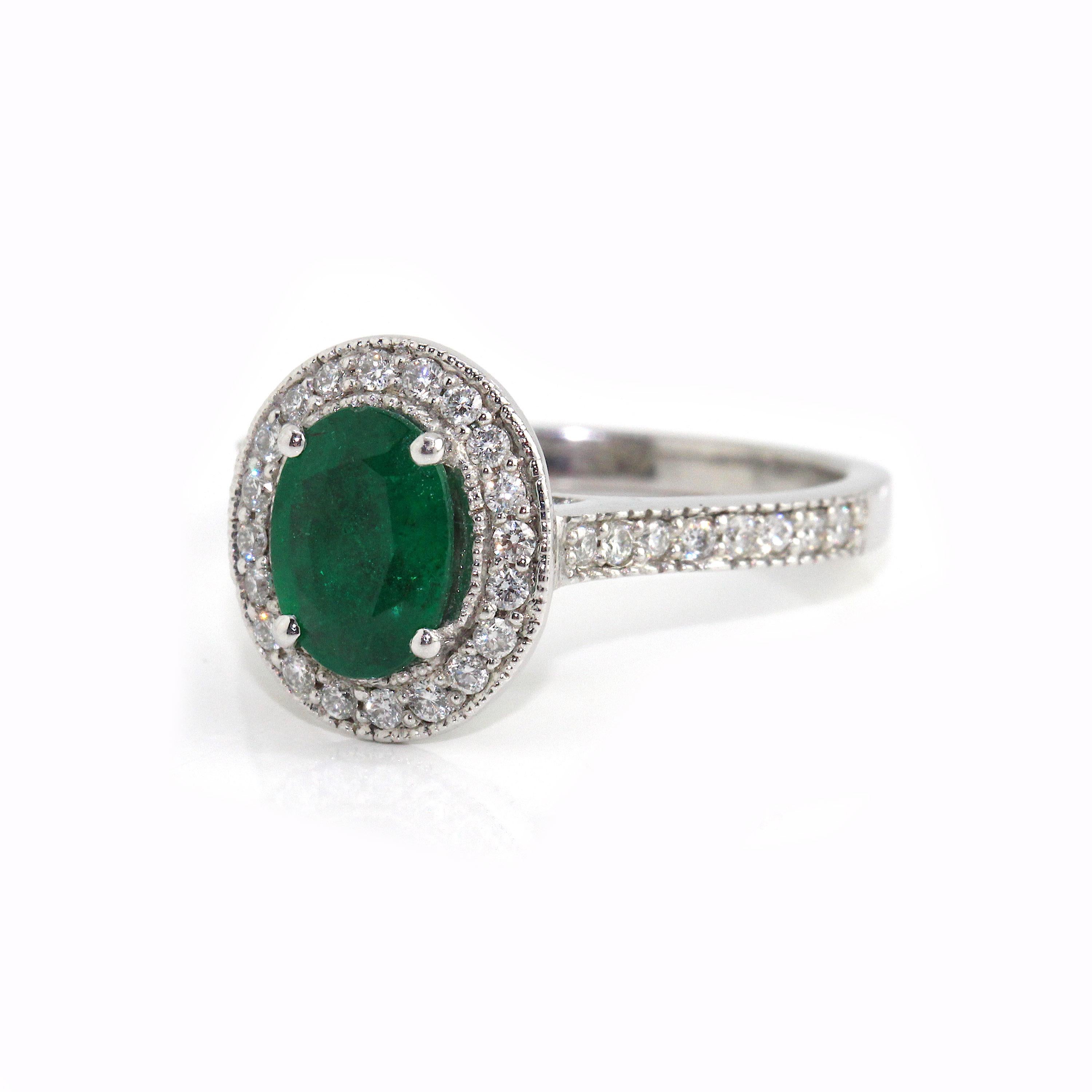 Women's 18 Karat White Gold Emerald and Diamond Ring For Sale