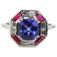 18 Karat White Gold Tanzanite Ruby and Diamond Cocktail Ring