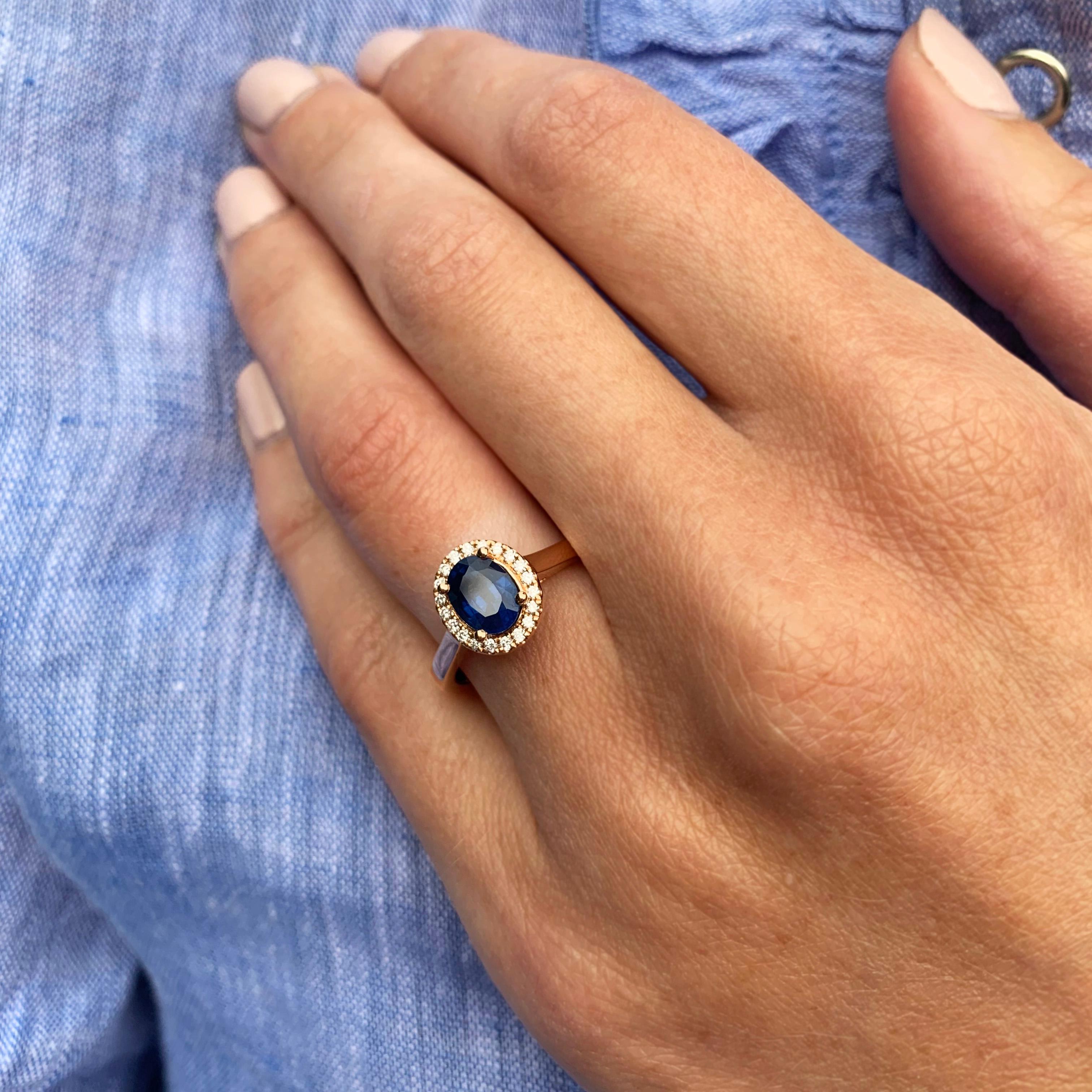 Oval Cut Blue Sapphire and Diamond Rose Gold Engagement Ring