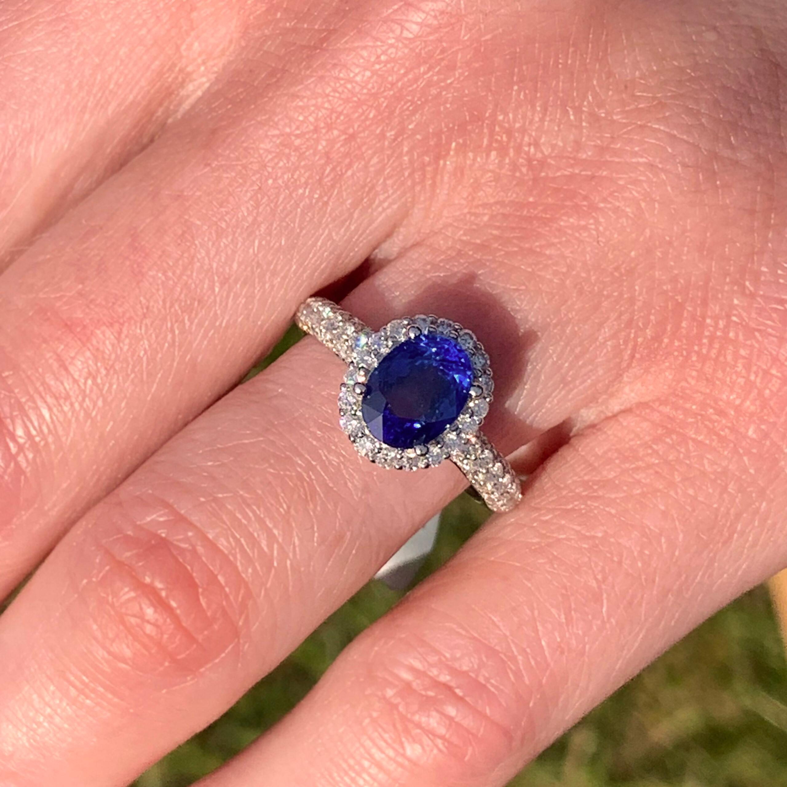 The perfect engagement ring or eternity ring. A beautiful blue sapphire (2.00ct) sits centre stage in this exceptional ring, surrounded by scintillating white diamonds (0.76ct F VS)
Size: N. Band Width: 3mm. Band Profile: Dome. Setting Diameter: