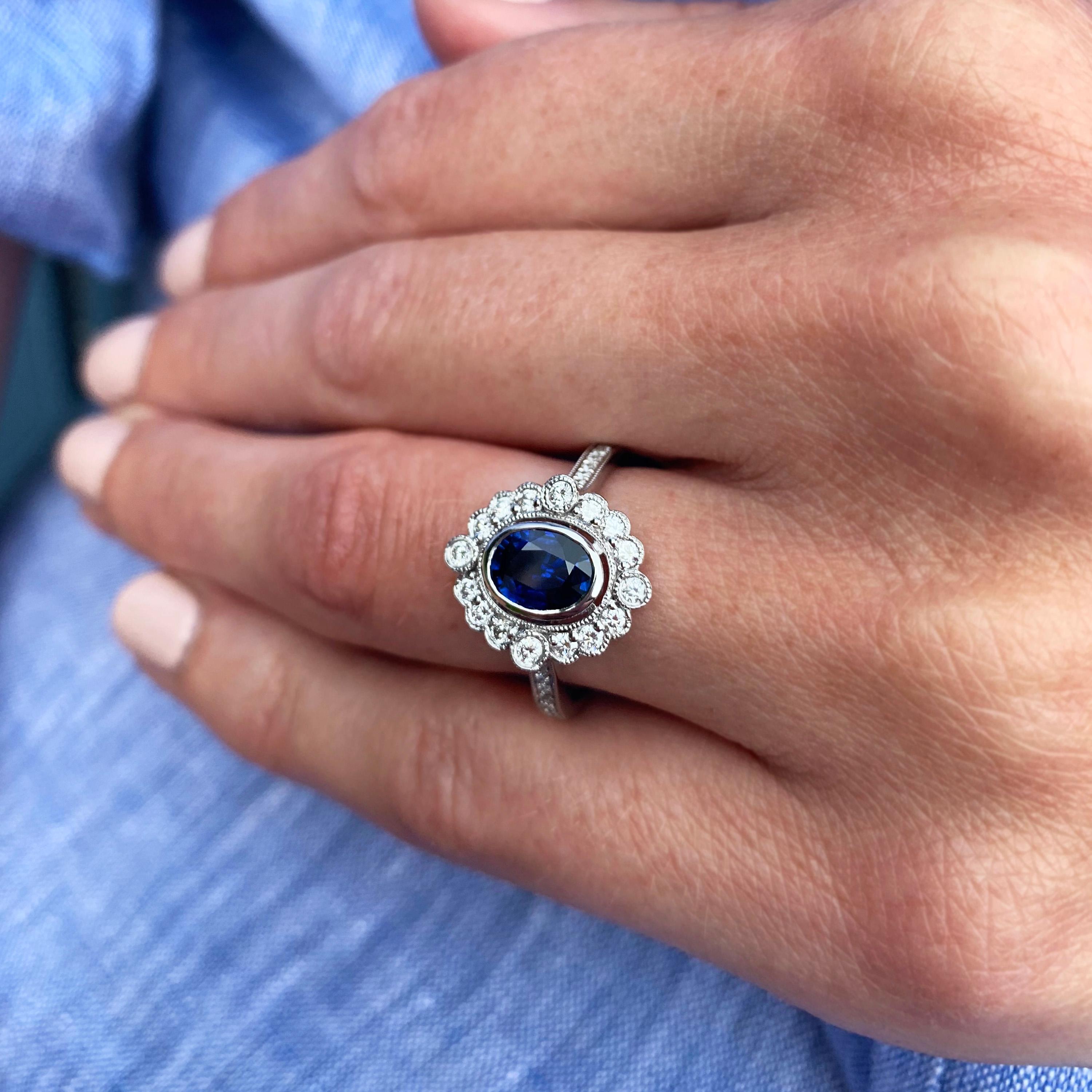 Contemporary Sapphire and Diamond Vintage Inspired Engagement Ring For Sale