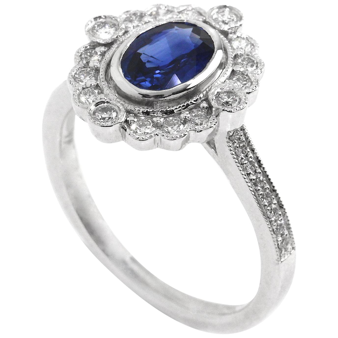 Sapphire and Diamond Vintage Inspired Engagement Ring For Sale