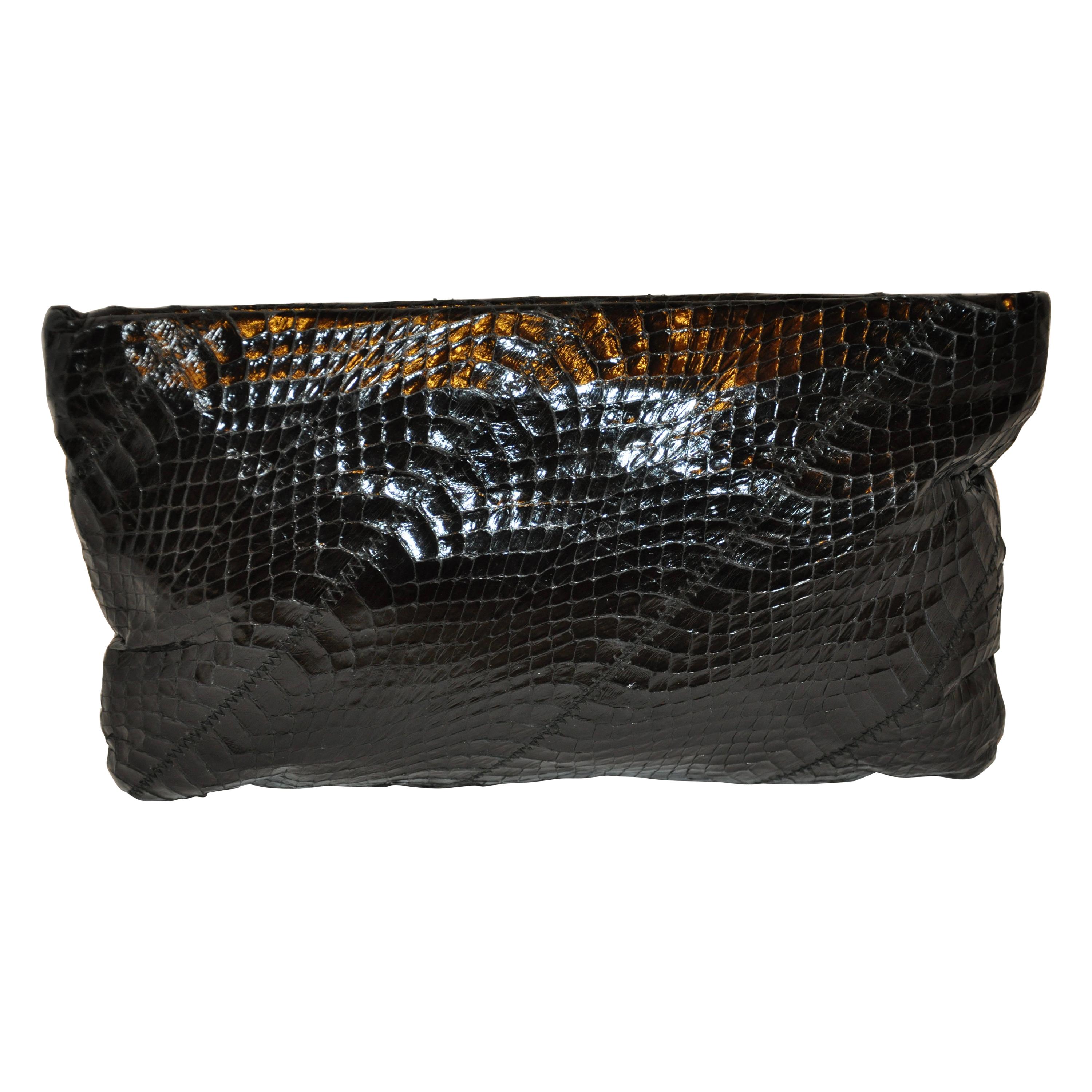 Ronay Midnight-Black Snakeskin "Spring-Top" Clutch With Optional Shoulder Strap.
