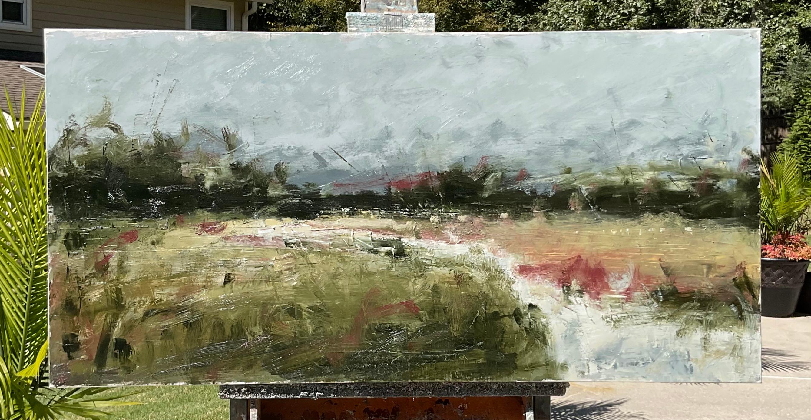 <p>Artist Comments<br>Artist Ronda Waiksnis paints a tranquil river scene. The water mirrors the sky, parting the vast green fields. Ronda employs a variety of brushes and tools to create striking textures in this serene landscape