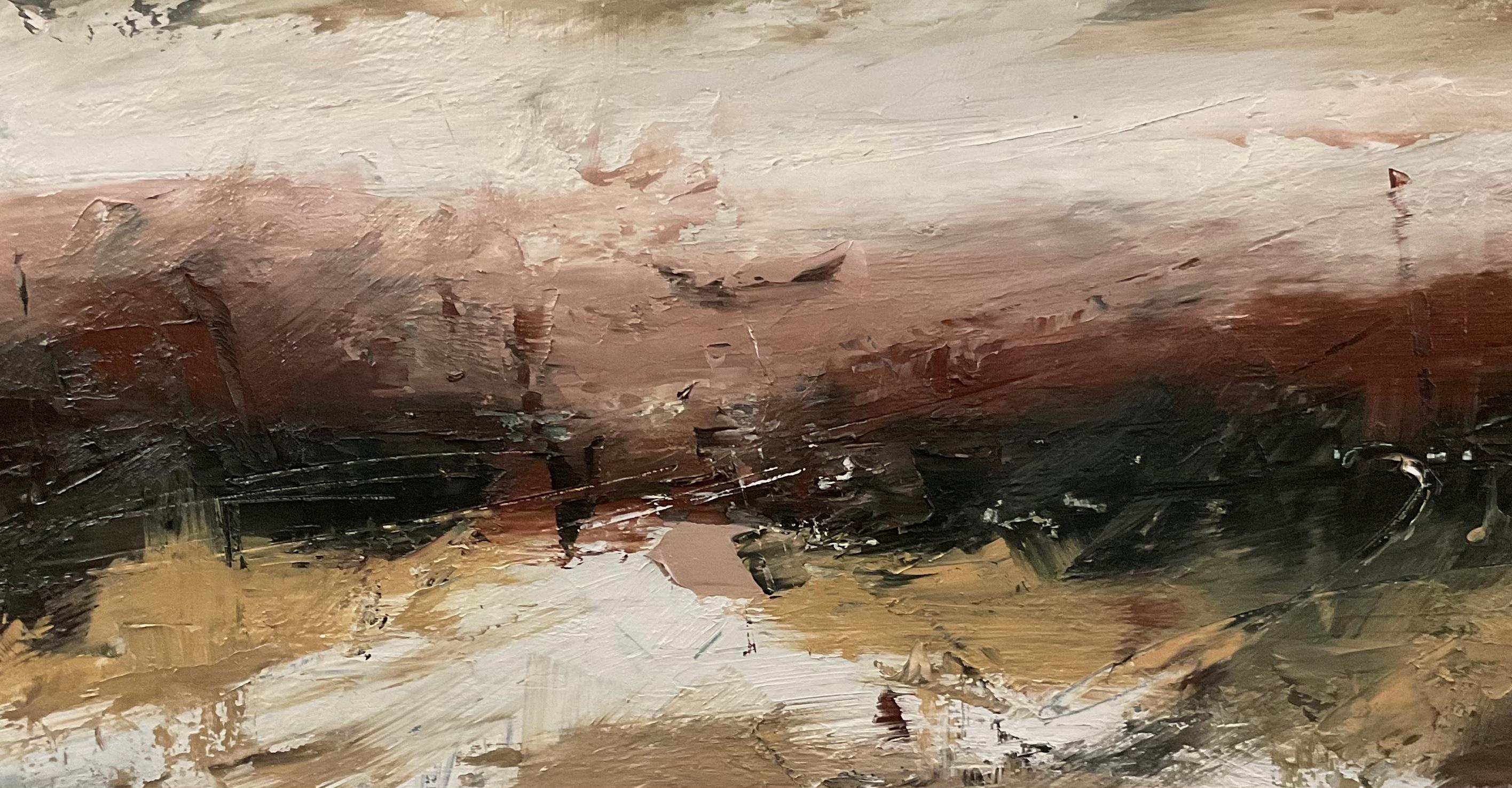 <p>Artist Comments<br>A moody abstract landscape in painterly shades of black, deep red, and ochre by artist Ronda Waiksnis. 