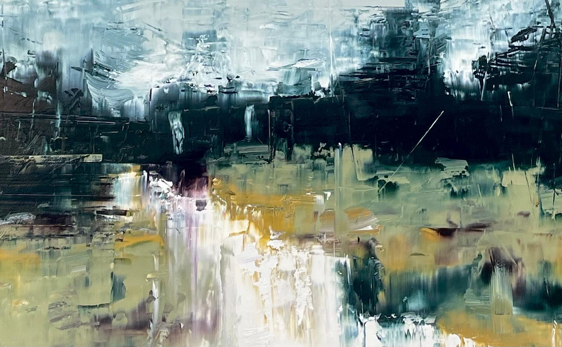 Le soir vient, peinture à l'huile abstraite - Gris Abstract Painting par Ronda Waiksnis