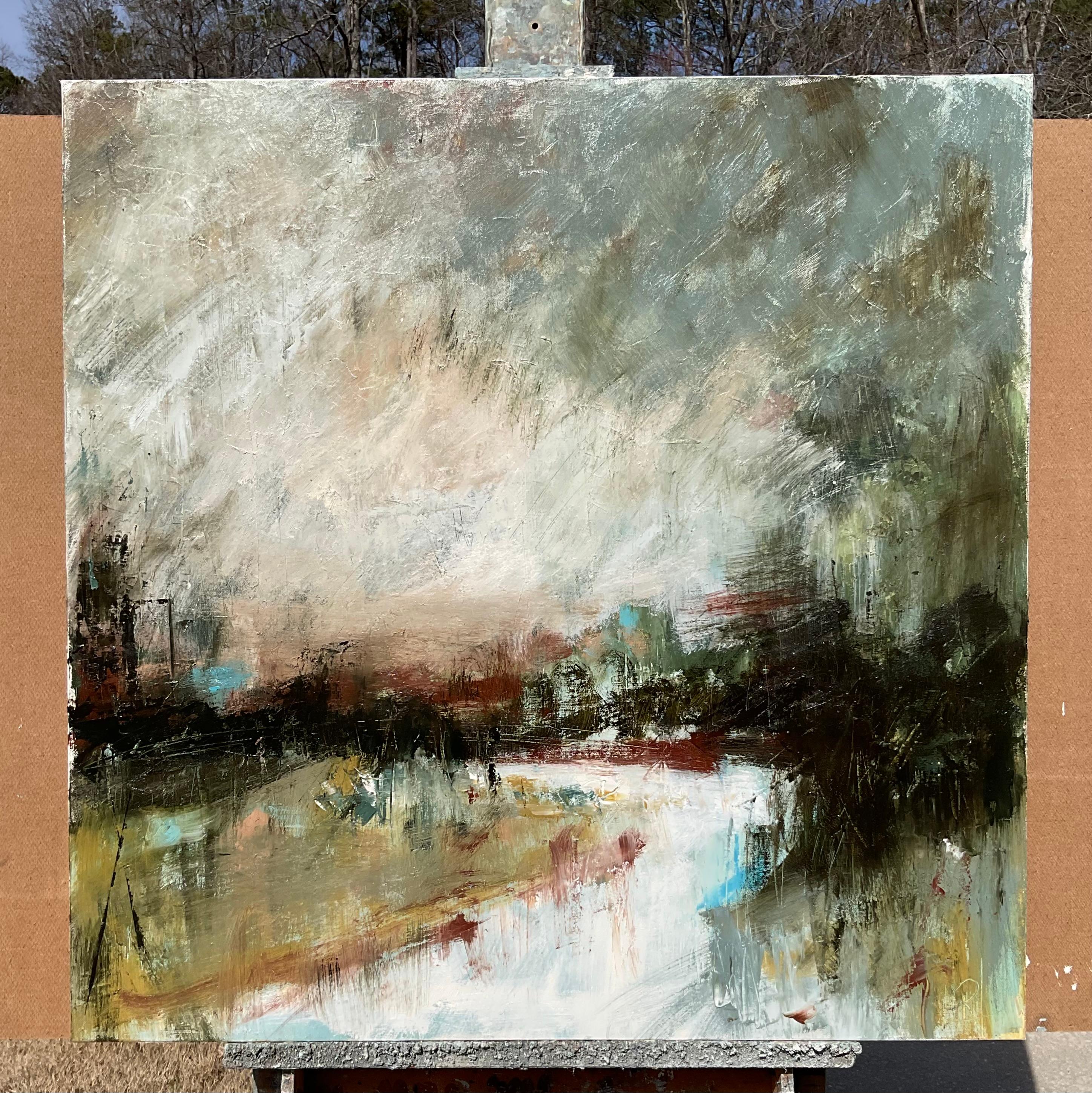Luce in dissolvenza sul fiume Ebenezer, Pittura ad olio astratta - Painting Astratto di Ronda Waiksnis