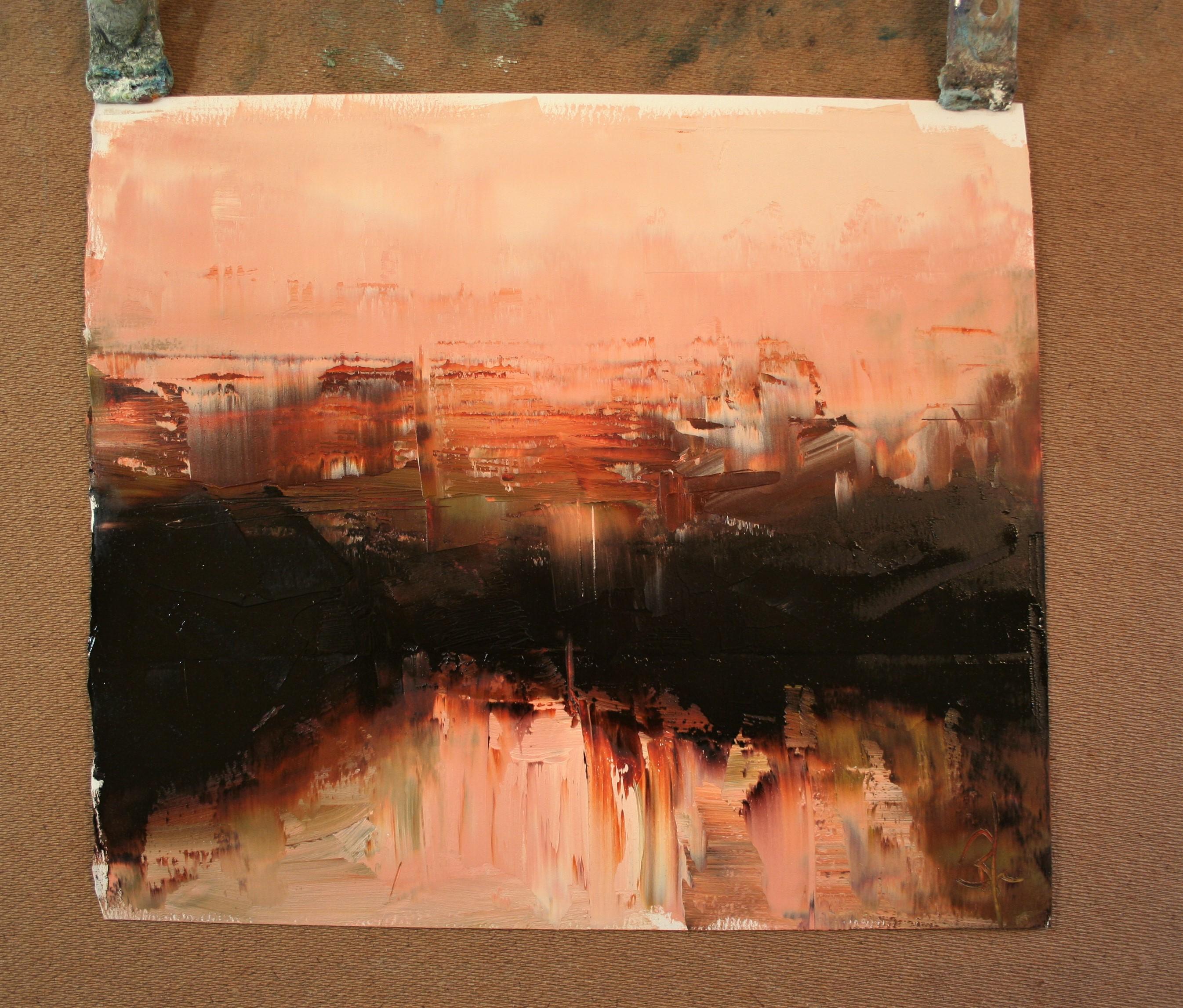 <p>Artist Comments<br>Abstracted view of the last light of the day. Dramatic pink and burnt orange reflected in the sky and landscape. Powerful brushwork reference the fleetingness of the scene. 