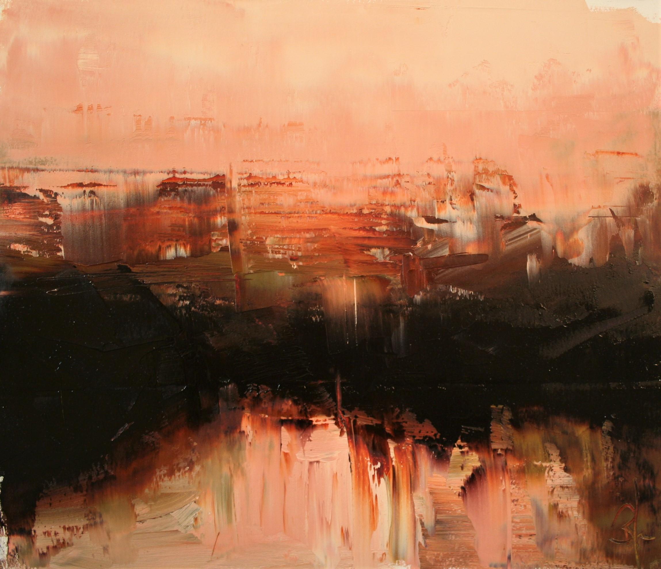 Ronda Waiksnis Abstract Painting - Fiery View, II, Abstract Oil Painting