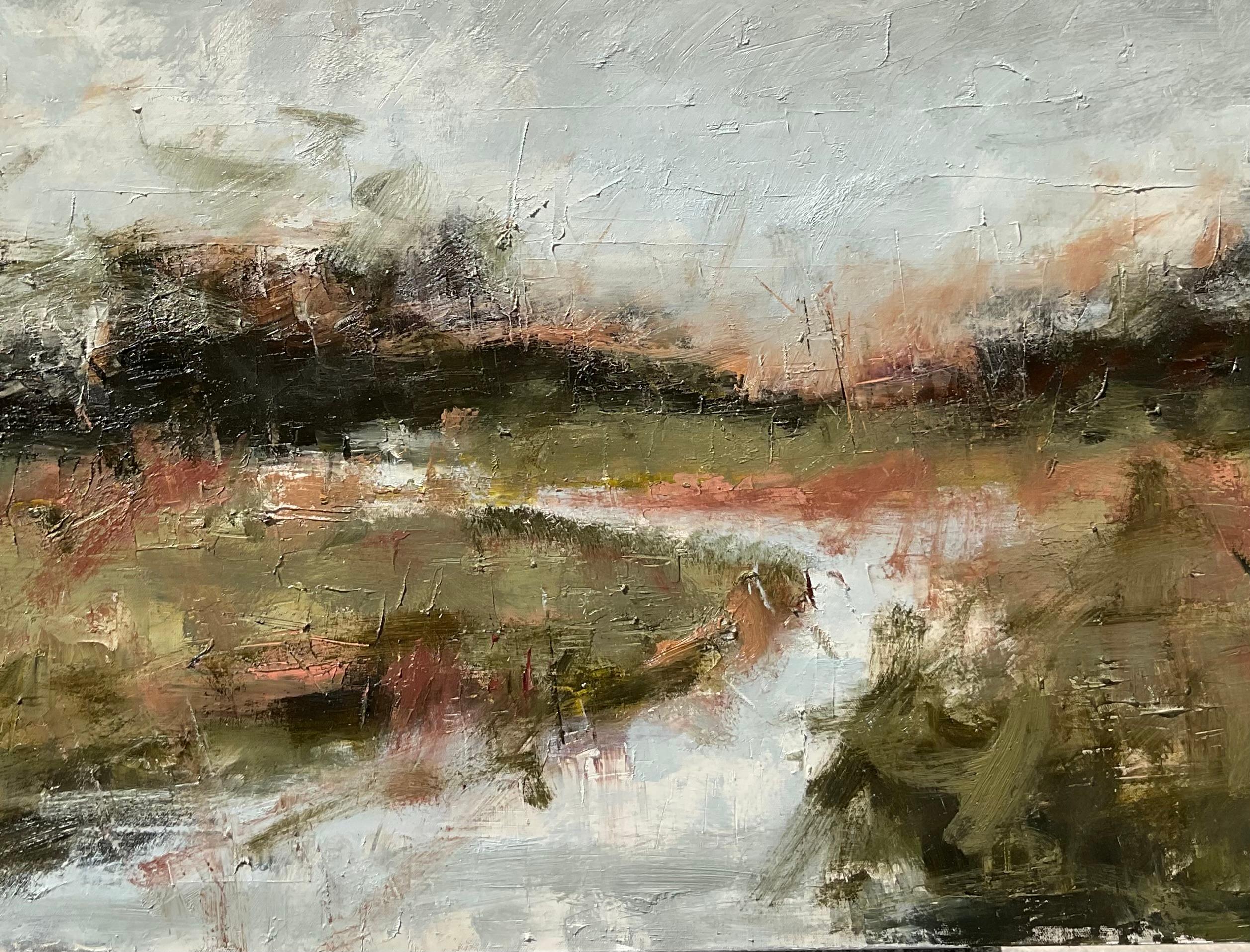 Rappel du paysage, peinture à l'huile abstraite - Gris Landscape Painting par Ronda Waiksnis