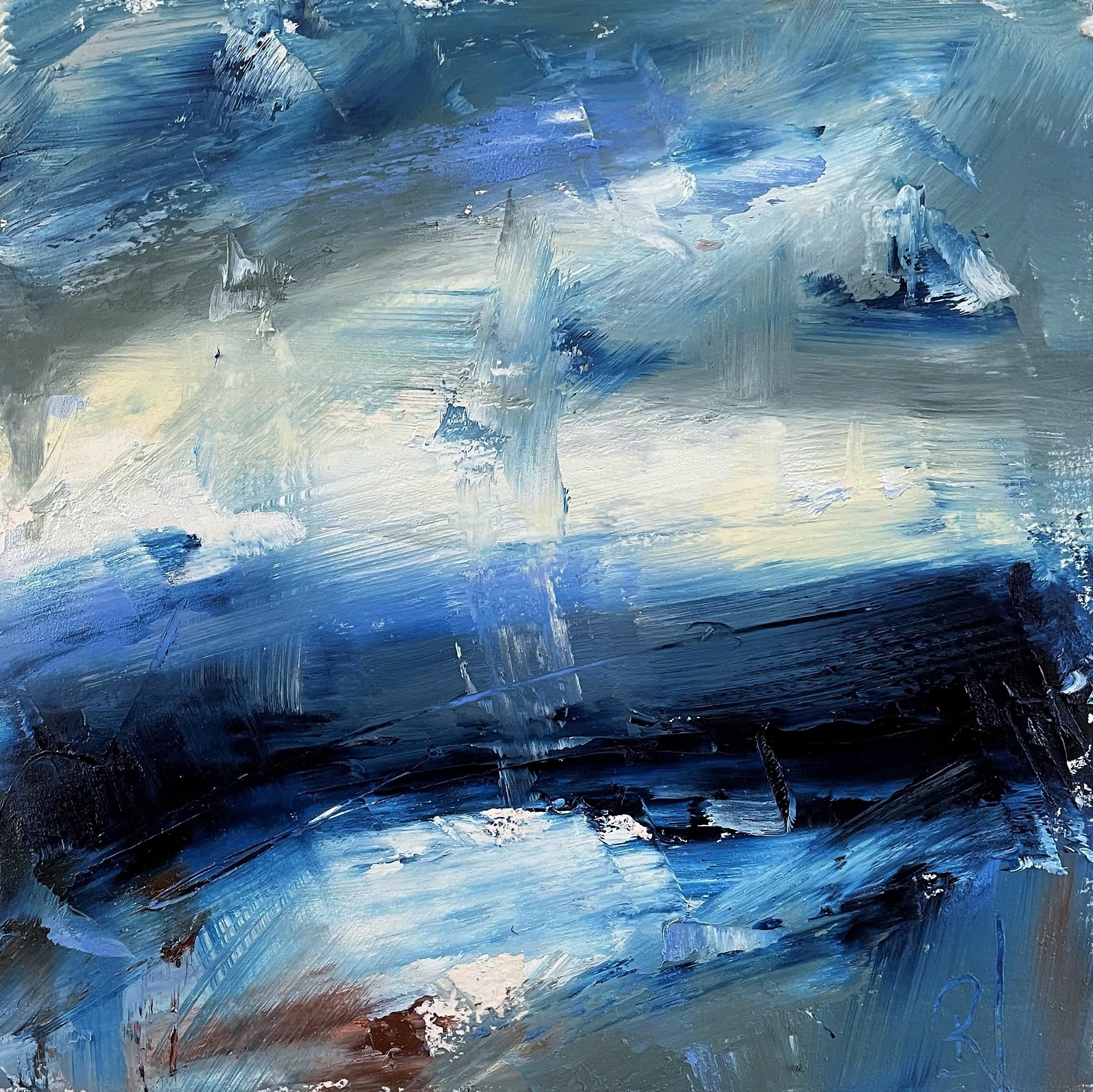 Ronda Waiksnis Abstract Painting - Layers of Blue, II, Abstract Oil Painting