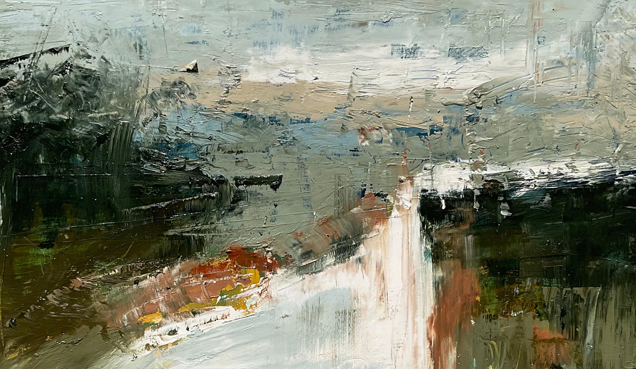 Nature's Quietude, peinture à l'huile abstraite - Gris Abstract Painting par Ronda Waiksnis