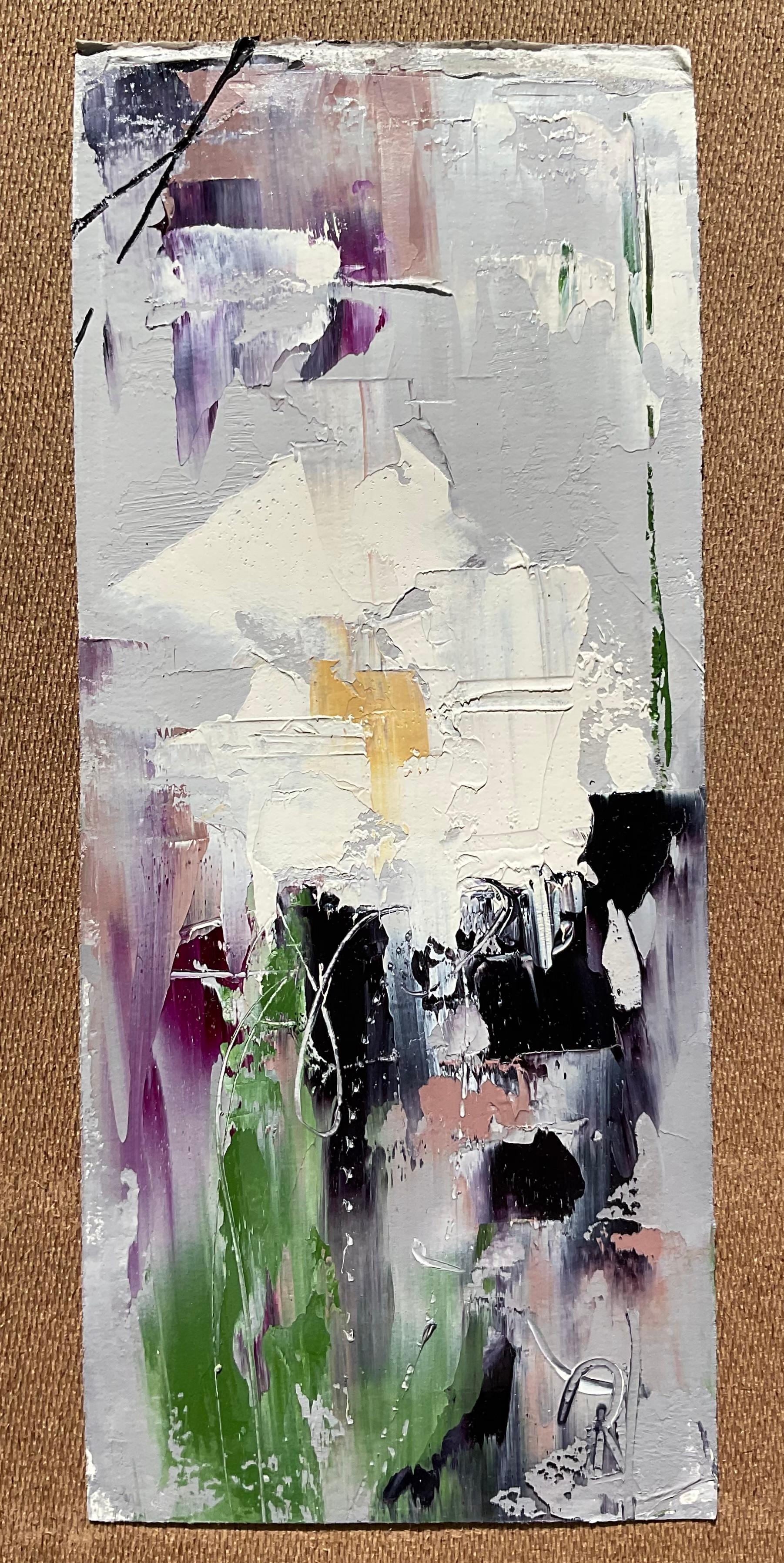 <p>Artist Comments<br>Against a soft purple-gray background, a small white flower displays its delicate charm. Its presence whispers of joy and brightness. This piece is part of a series of four.</p><br/><p>About the Artist<br>Ronda Waiksnis