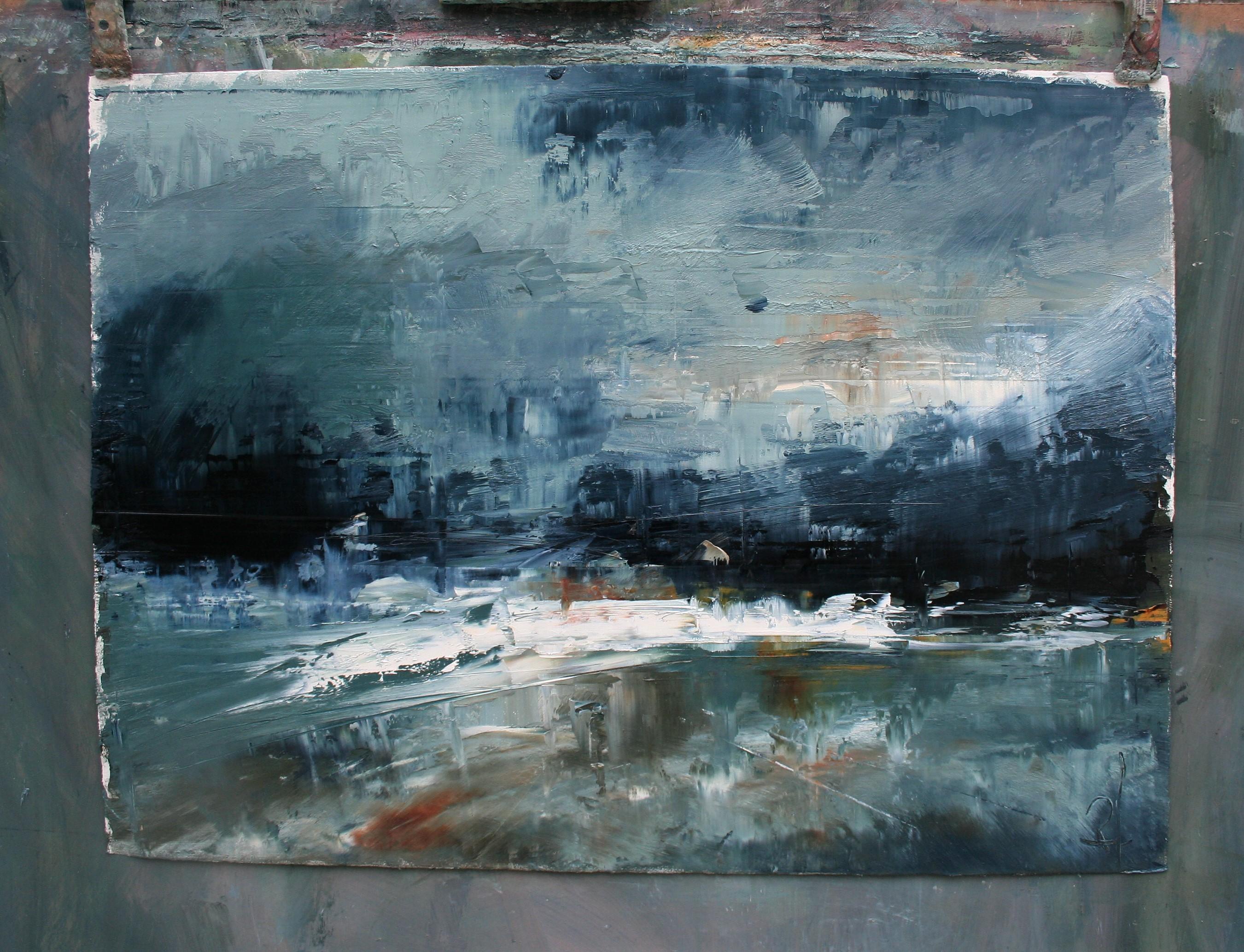 Post-Regen, Rohwasser, Abstraktes Ölgemälde (Grau), Abstract Painting, von Ronda Waiksnis
