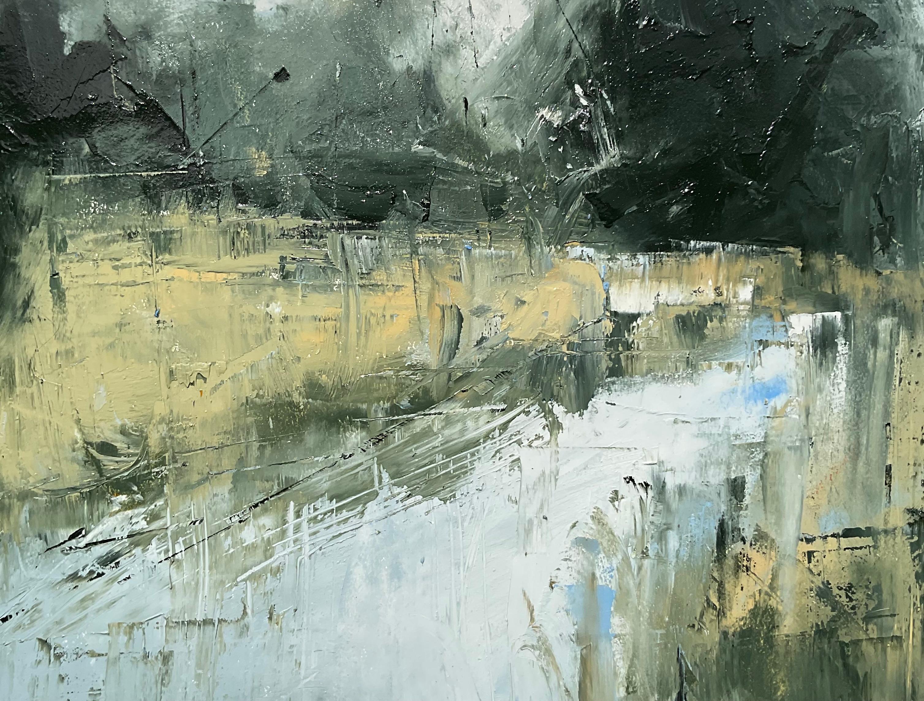 Peinture à l'huile abstraite Silent Morning - Gris Abstract Painting par Ronda Waiksnis