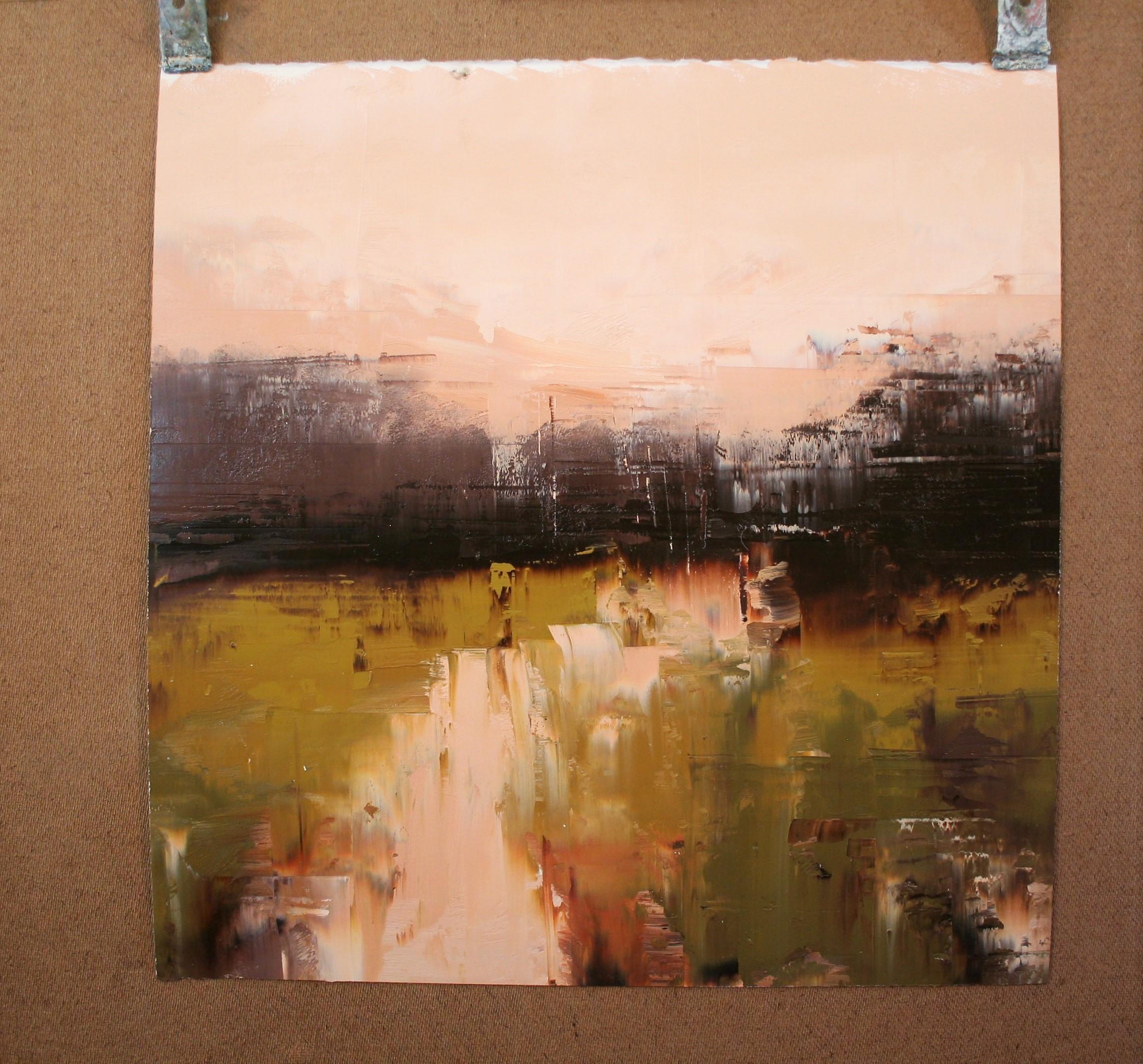 Abstraktes Ölgemälde in warmen Tönen auf Flachcreek (Beige), Abstract Painting, von Ronda Waiksnis