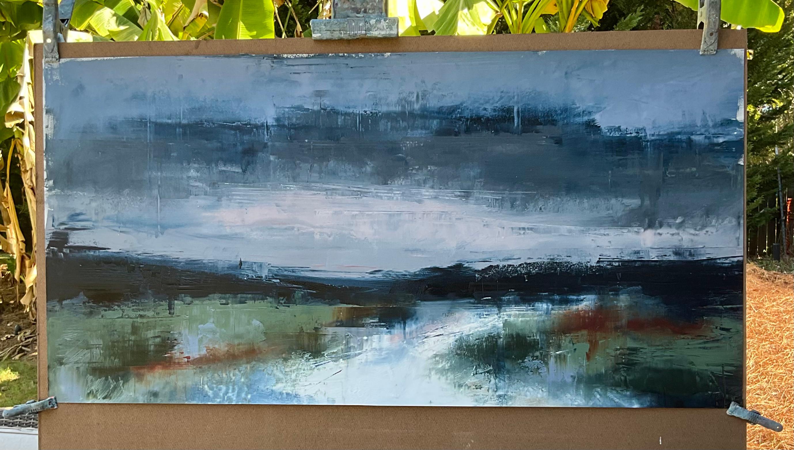 <p>Artist Comments<br>Artist Ronda Waiksnis demonstrates a moody and evocative abstract view. Combinations of grays, earthy greens, and midnight blue shape a river winding through the grassy terrain. Ronda provides minimal representation but
