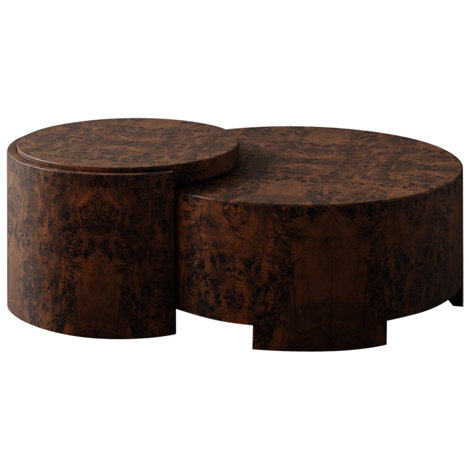 "Rondel" Table Cocktail en placage de bois de ronce de noyer par Christiane Lemieux