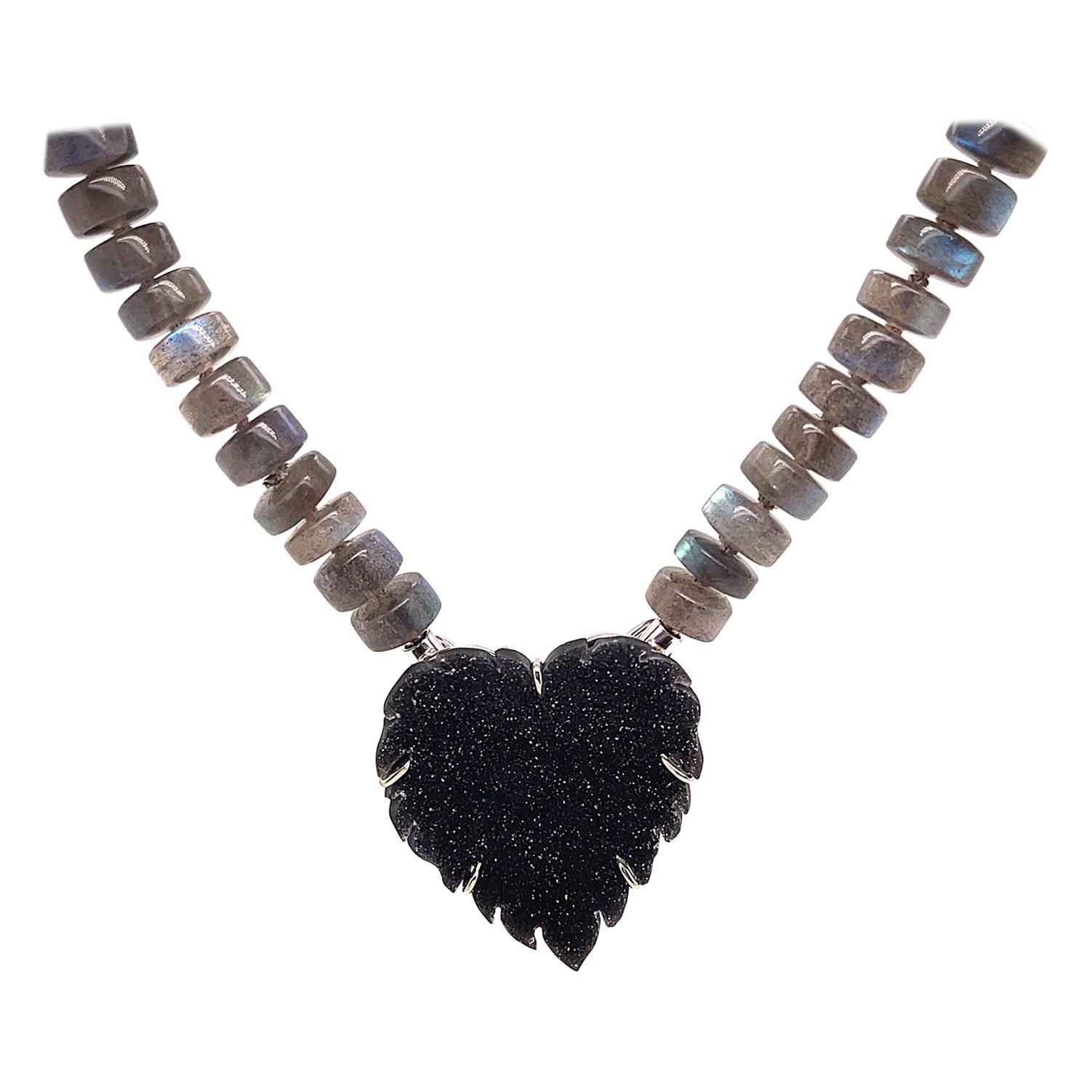 Rondell Labradorite Necklace with Black Druzy Heart Clasp