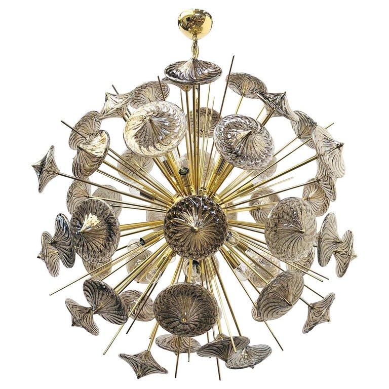 Italian modern sputnik chandelier with smoky gray Pirex borosilicate hand blown glasses on 24 karat gold plated frame designed by Fabio Bergomi for Fabio Ltd / Made in Italy
16 lights / E26 or E27 type / max 60W each
Diameter: 39.5 inches / Height: