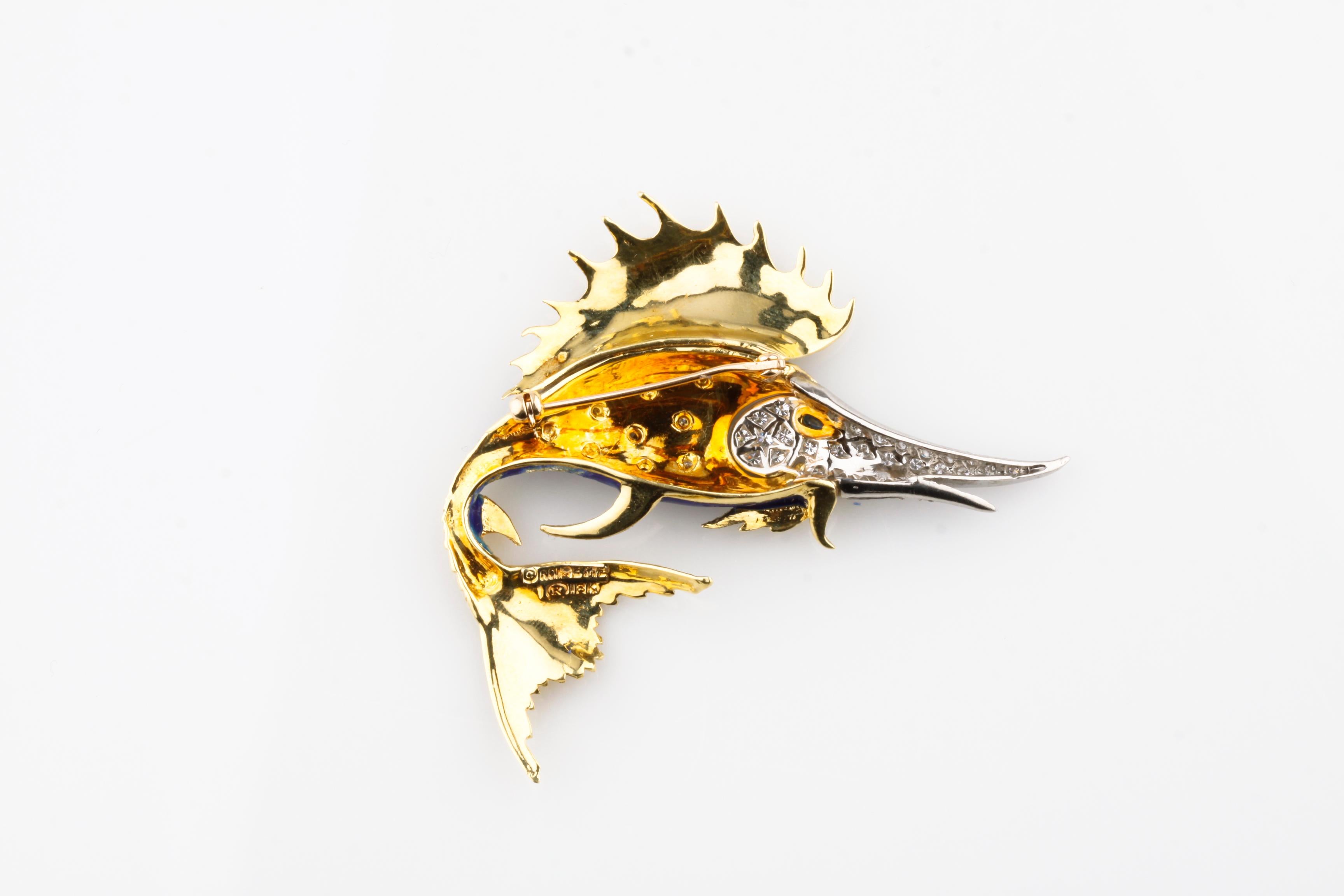 Gorgeous Brooch of a Sailfish by Rondette
18k Yellow Gold with Blue Enamel, Diamonds, and Pear Shaped Sapphire Accents
Rhodium Accents on Sword
Total Diamond Weight = Approximately 0.90 Ct
Sapphire Approximately = 0.30 Ct
Total Mass = 20.6