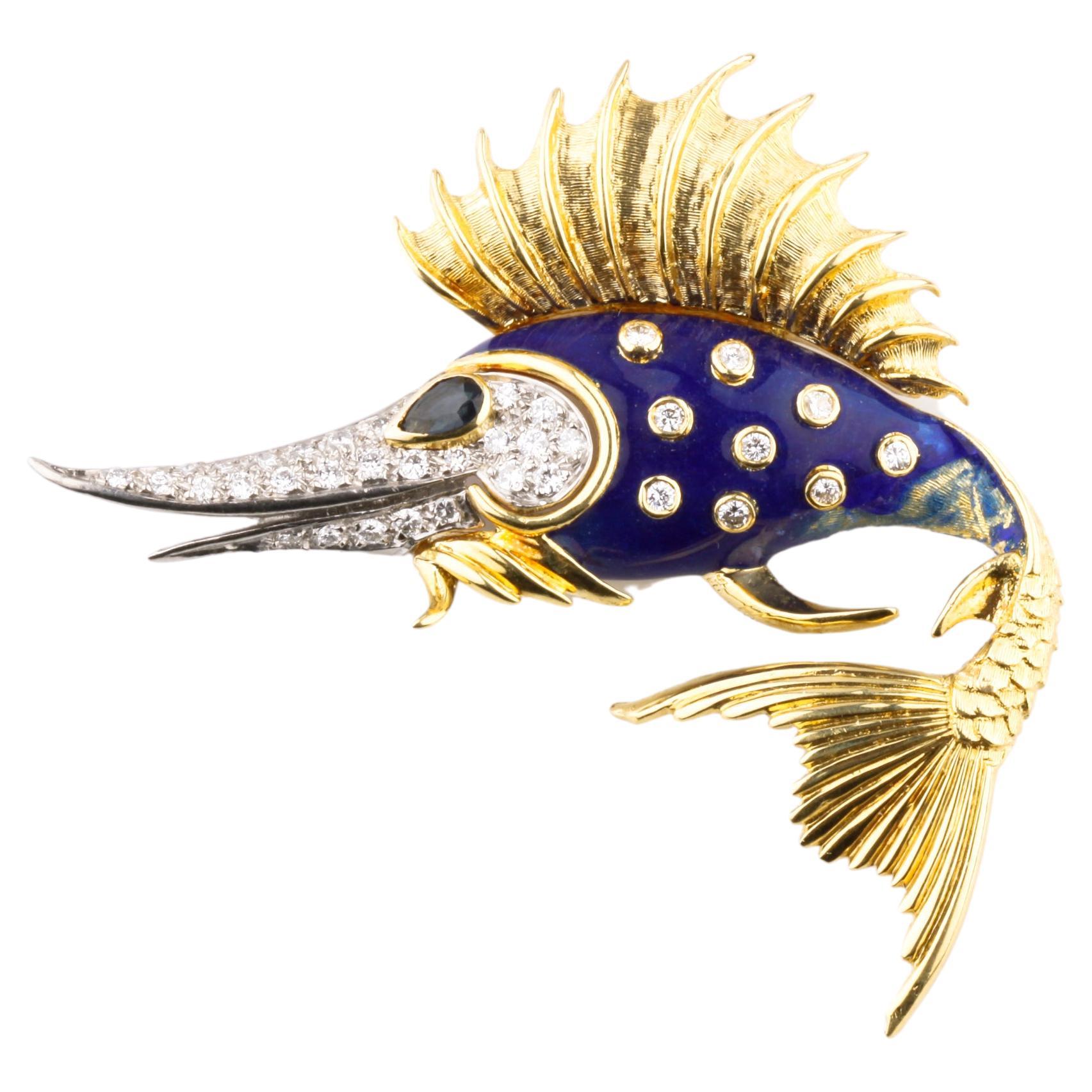 Rondette 18k Yellow Gold 0.90 Carat Diamond Sailfish Enamel Brooch with Sapphire For Sale