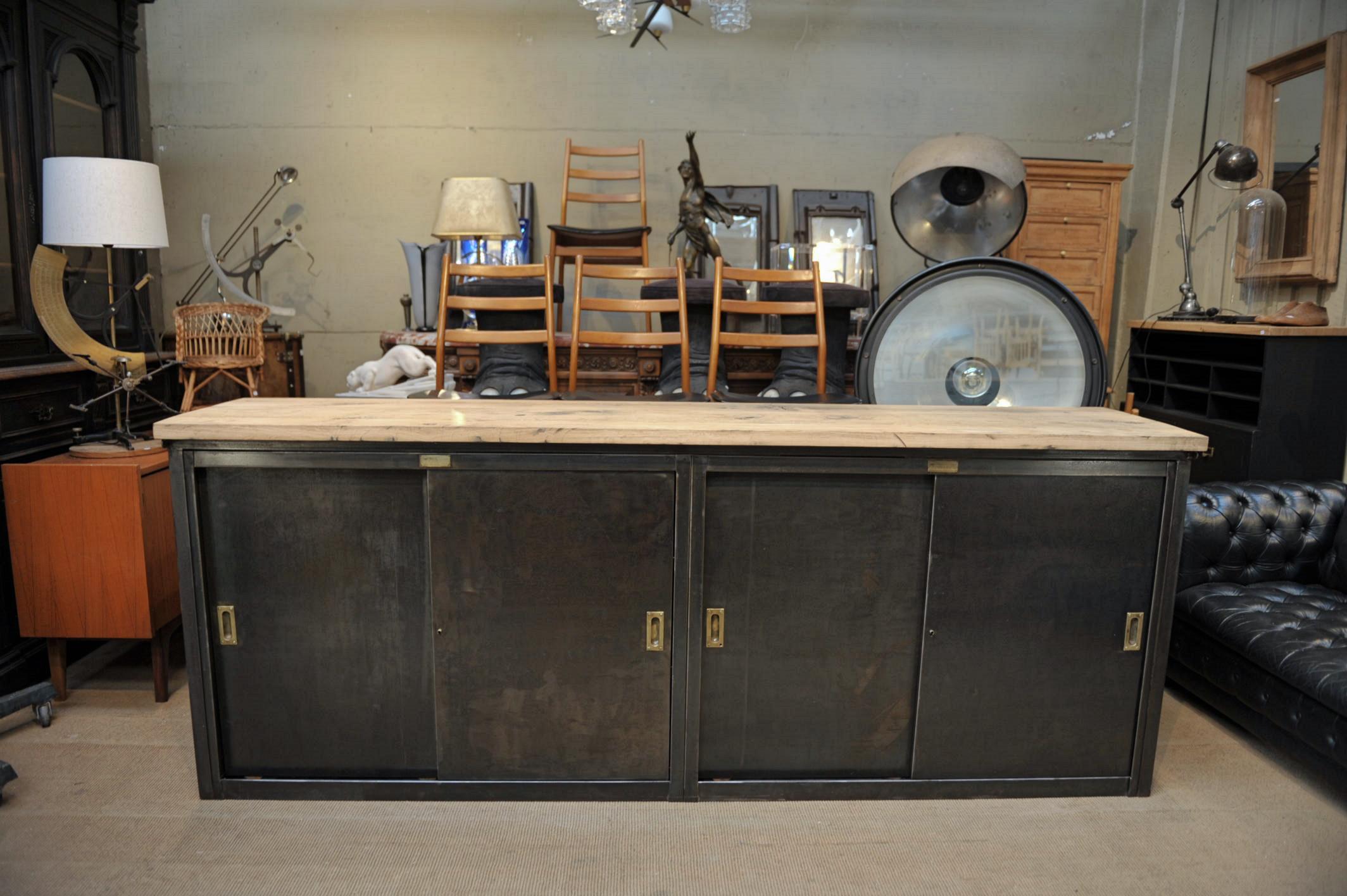 4 sliding doors industrial iron long side board cabinet circa 1950 with sold oak top by French manufacturer :Ronéo ( Brass Ronéo Paris tag).