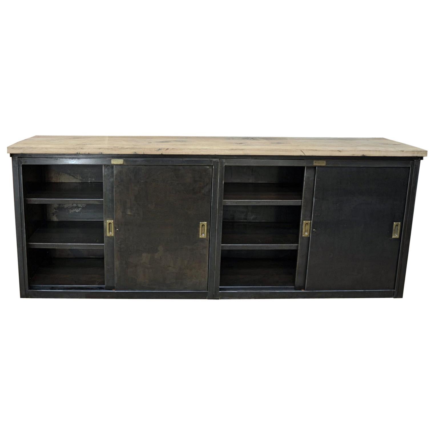 Ronéo Paris 4 Sliding Doors Industrial Iron Cabinet, circa 1950 For Sale