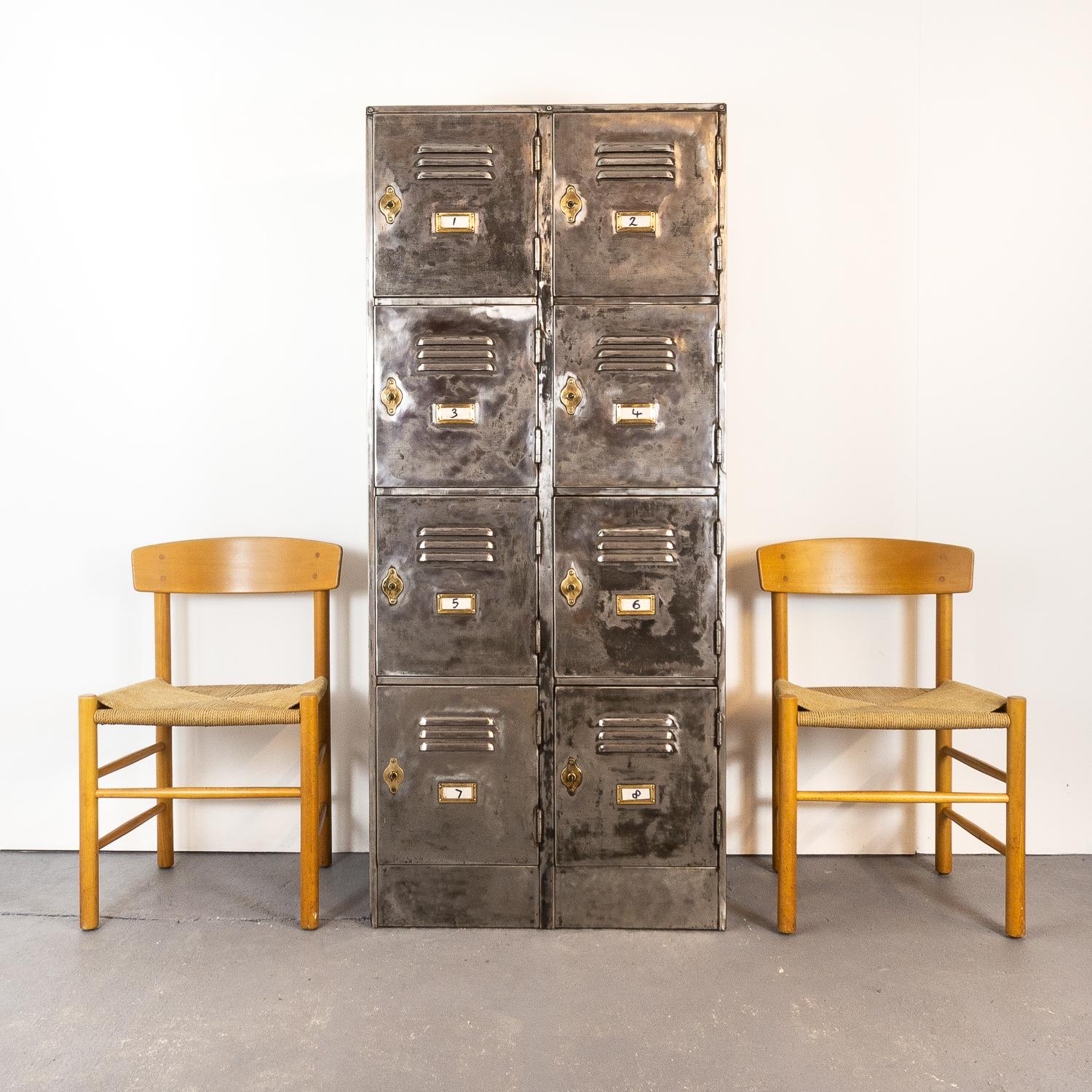 Roneo polished steel and brass school lockers from Abingdon School, Oxfordshire, England. Dating from 1932. Numbered keys. All locks in working order.