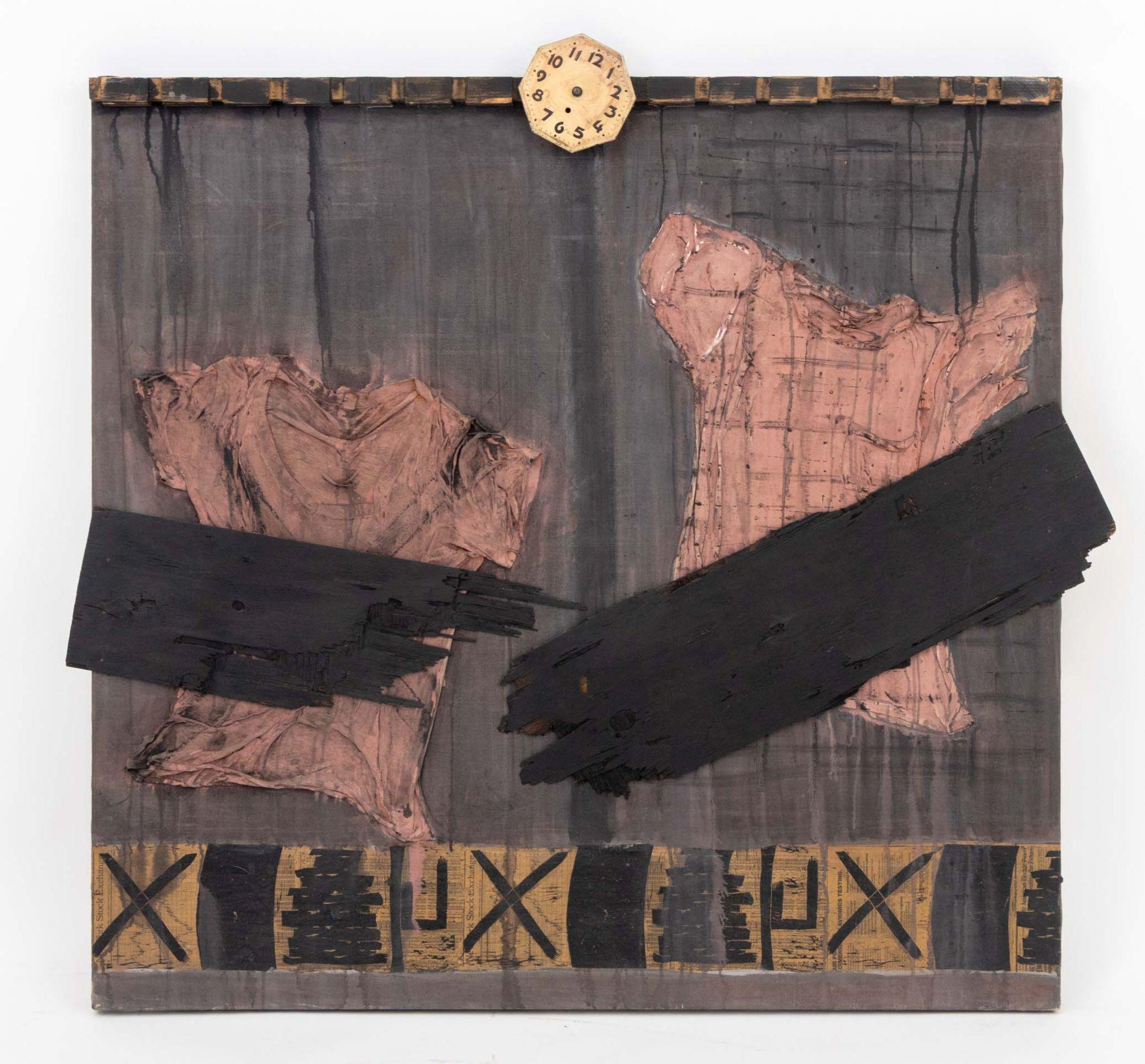 „Gegen die Apartheid“, Mischtechnik auf Leinen mit Assemblage-Elementen, 1982–1984 – Mixed Media Art von Roni Nicholson