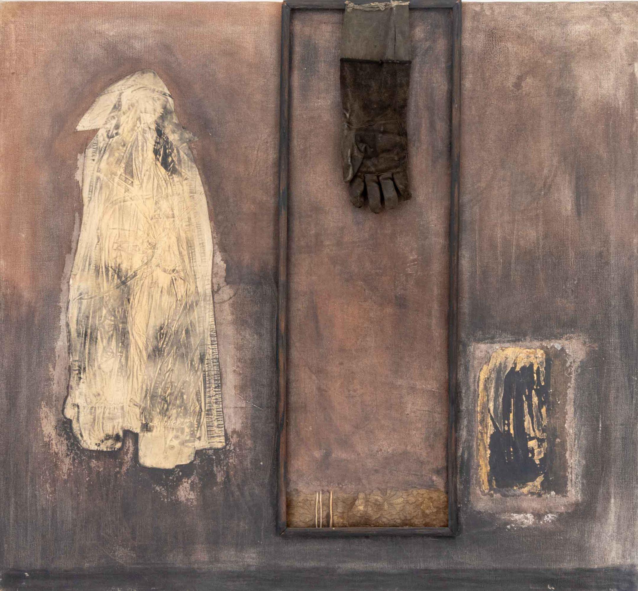Roni Nicholson Abstract Painting – „Francisco G.“, Mischtechnik auf Leinen mit Assemblage-Elementen, 1990