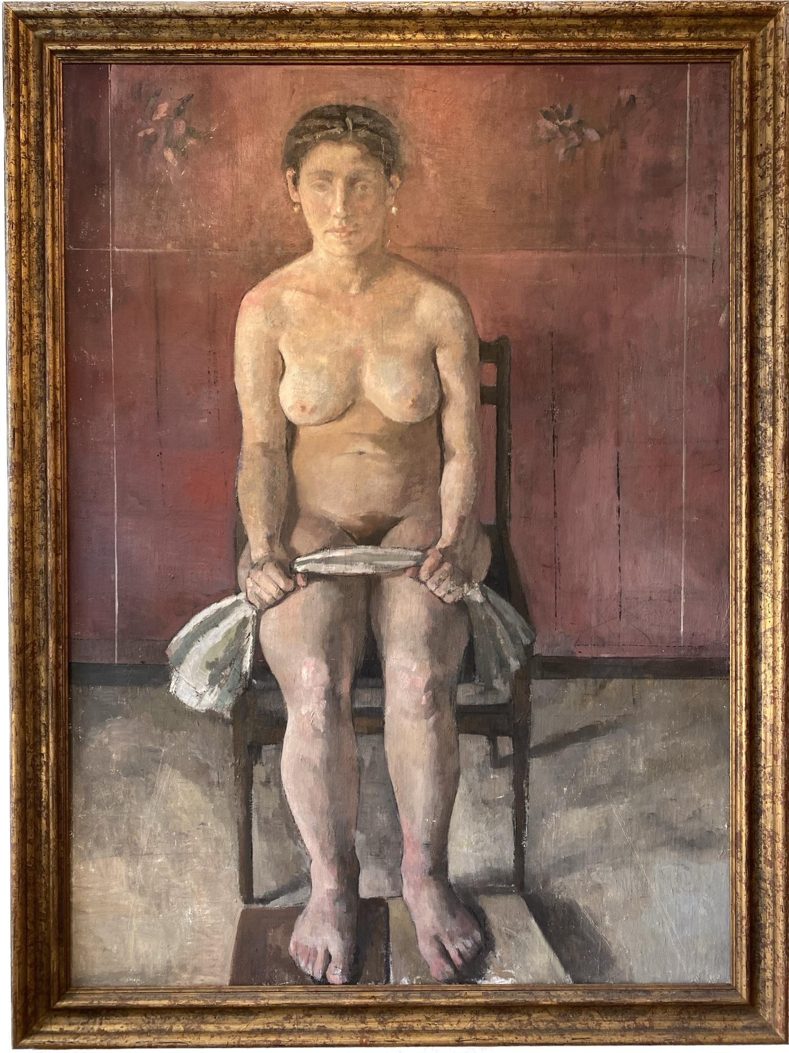 Roni Taharlev's "Aya Sitting" is a poignant 55" x 33" oil on canvas that showcases the artist's masterful grasp of figurative nude painting. In subdued, earthy tones set against a rich, terracotta backdrop, Taharlev captures a raw and introspective