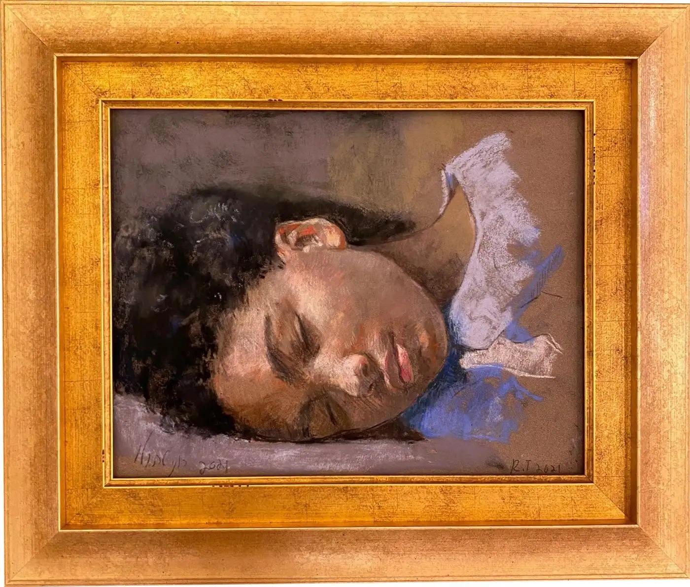 « Lovina Sleeping » de Roni Taharlev - Portrait d'une jeune femme - Pastel d'huile en vente 1