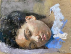 „Lovina Sleeping“ von Roni Taharlev – Porträt einer jungen Frau – Ölpastell