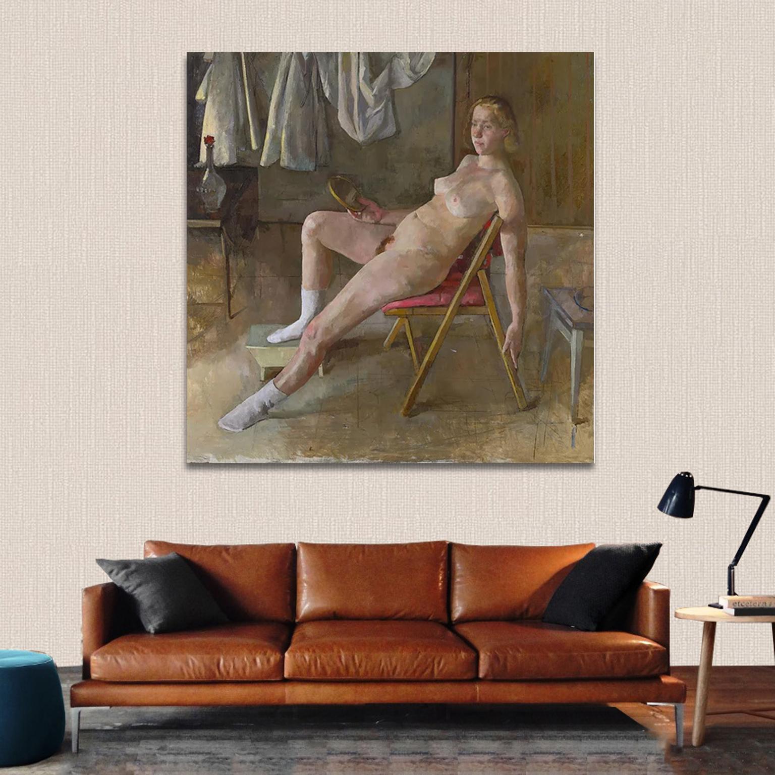 ‘Seated Woman’ Figurative Nude Female Model Large Oil On Canvas By Roni Taharlev 1