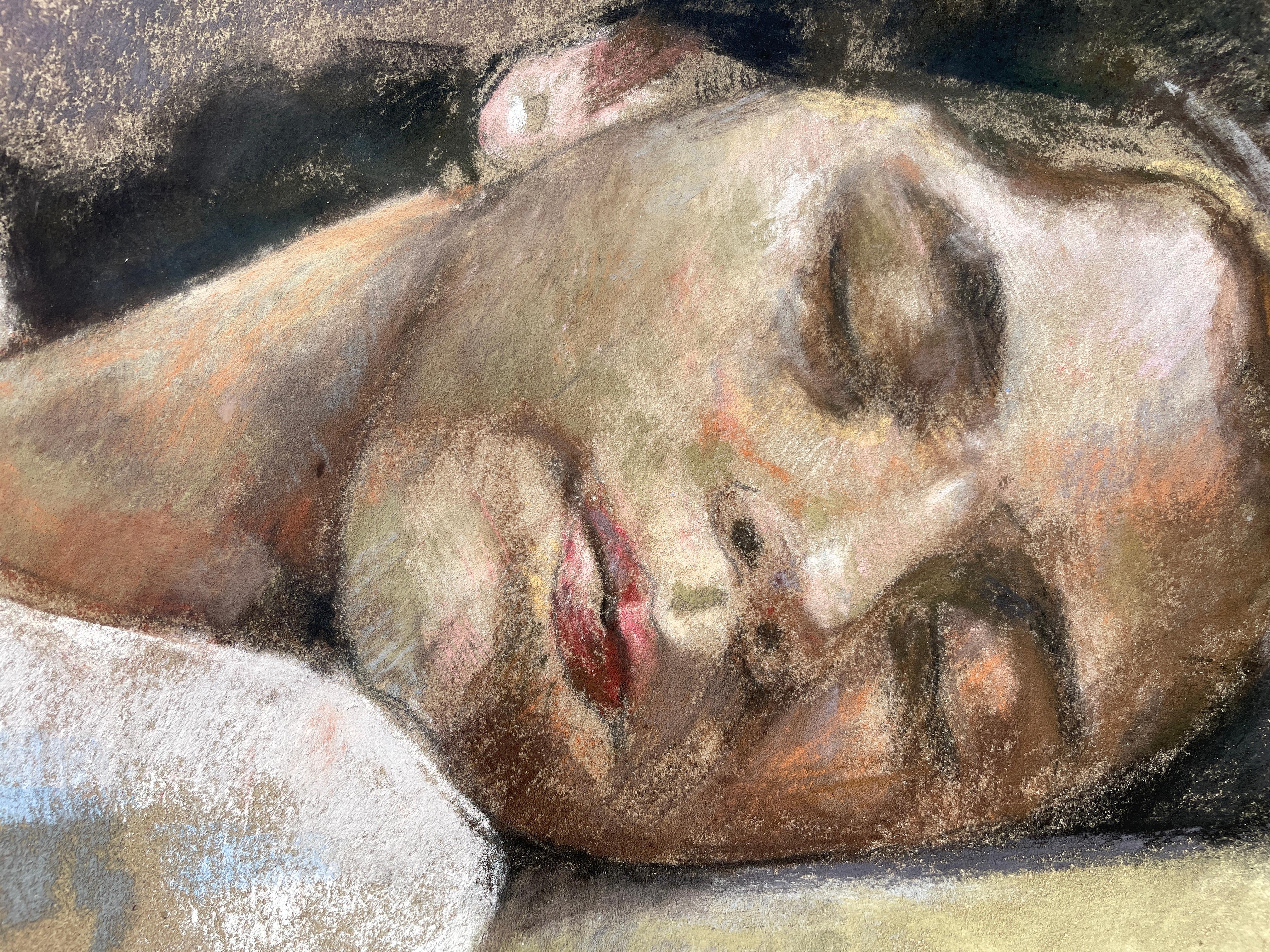 'Sleep' by Roni Taharlev - Portrait of a Young Woman Sleeping - Oil Pastel For Sale 2