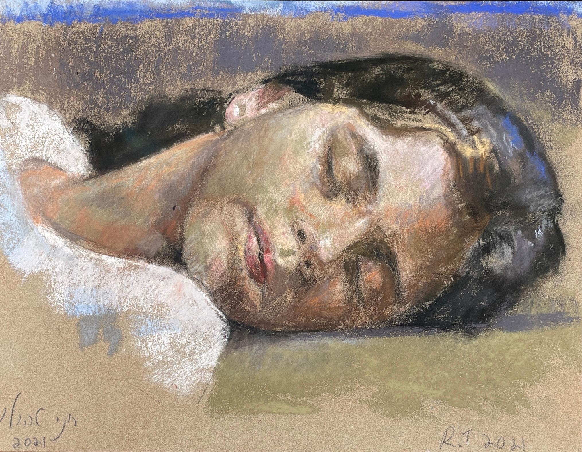 'Sleep' by Roni Taharlev - Portrait of a Young Woman Sleeping - Oil Pastel
